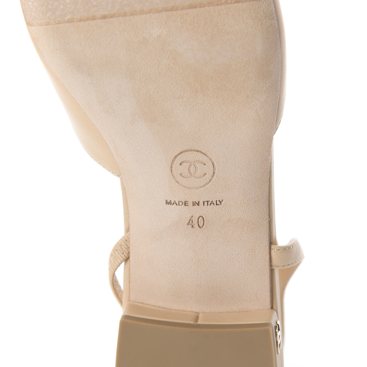 CHANEL Lambskin Patent Cap Toe CC Slingback Sandals 40 Beige