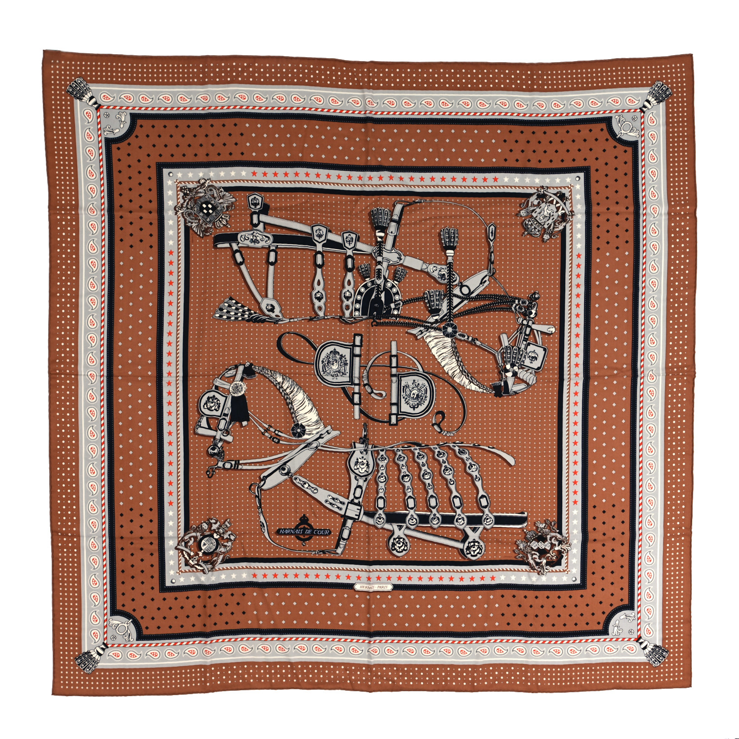 HERMES☆Scialle 140 Harnais de Cour Bandana ハルネ ド クール HERMES Silk Harnais De Cour Bandana Shawl 140 Bronze Black