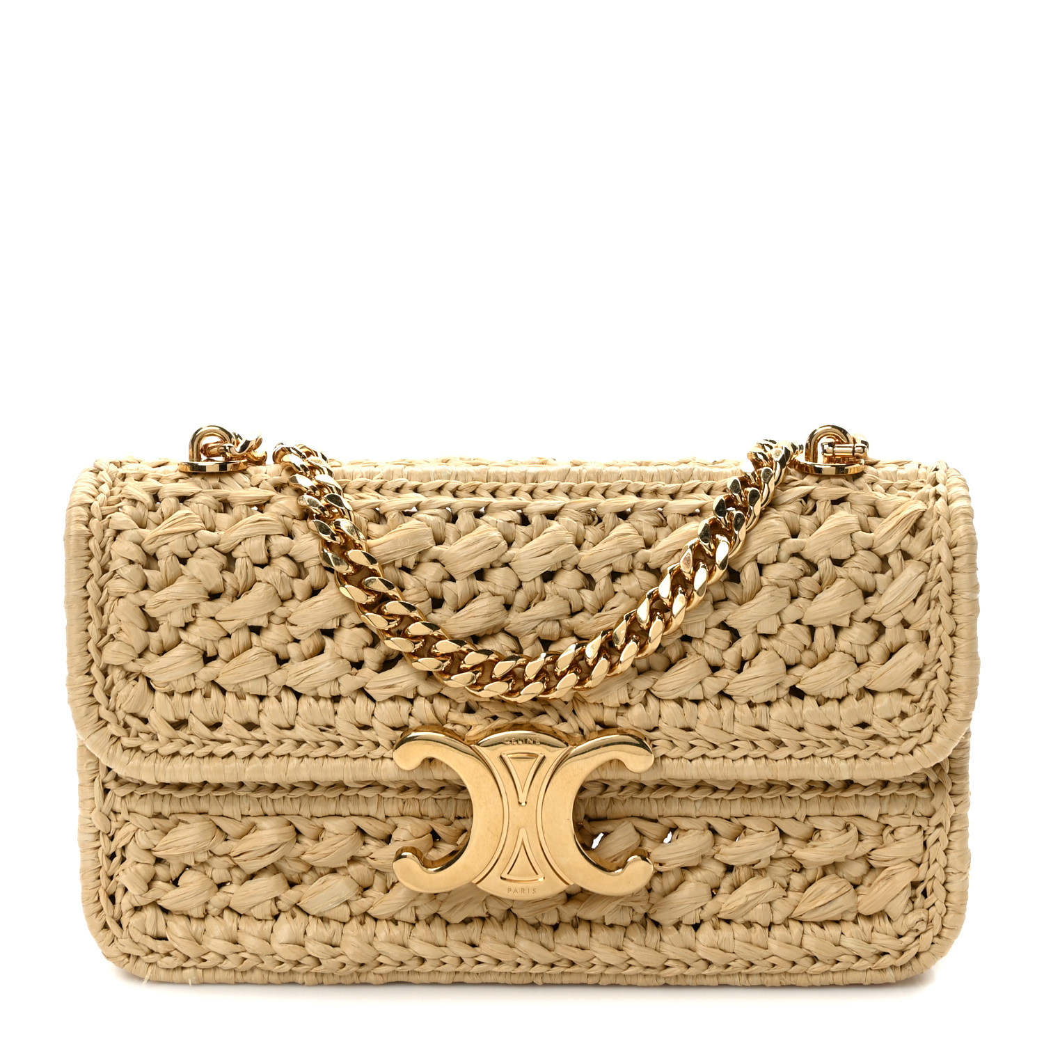 関税込 CELINE CHAIN SHOULDER BAG IN RAFFIA EFFECT TEXTILE CELINE Raffia Effect Claude Chain Shoulder Bag Natural