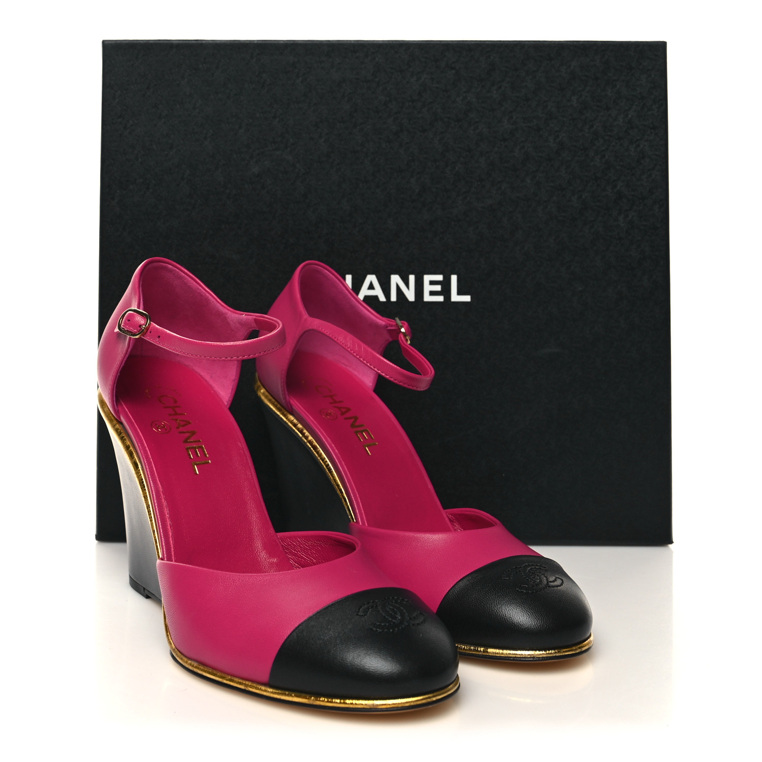 CHANEL Lambskin Cap Toe Open Wedge 39.5 Fuchsia Black
