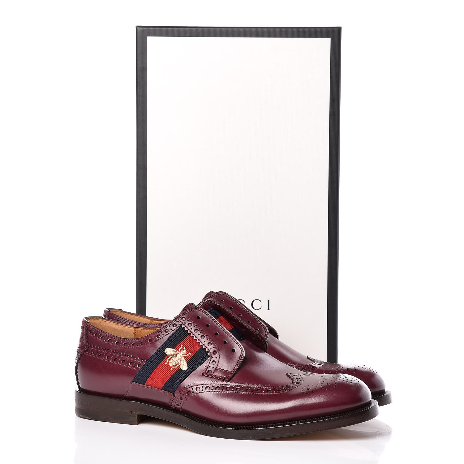 GUCCI Calfskin Web Bee Embroidered Mens Slip-On Brogue