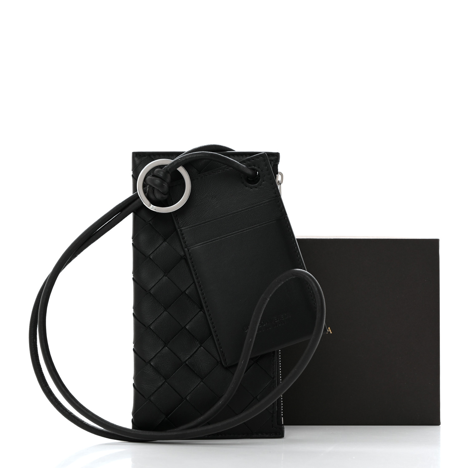 BOTTEGA VENETA Nappa Intrecciato Card Case On Strap Black