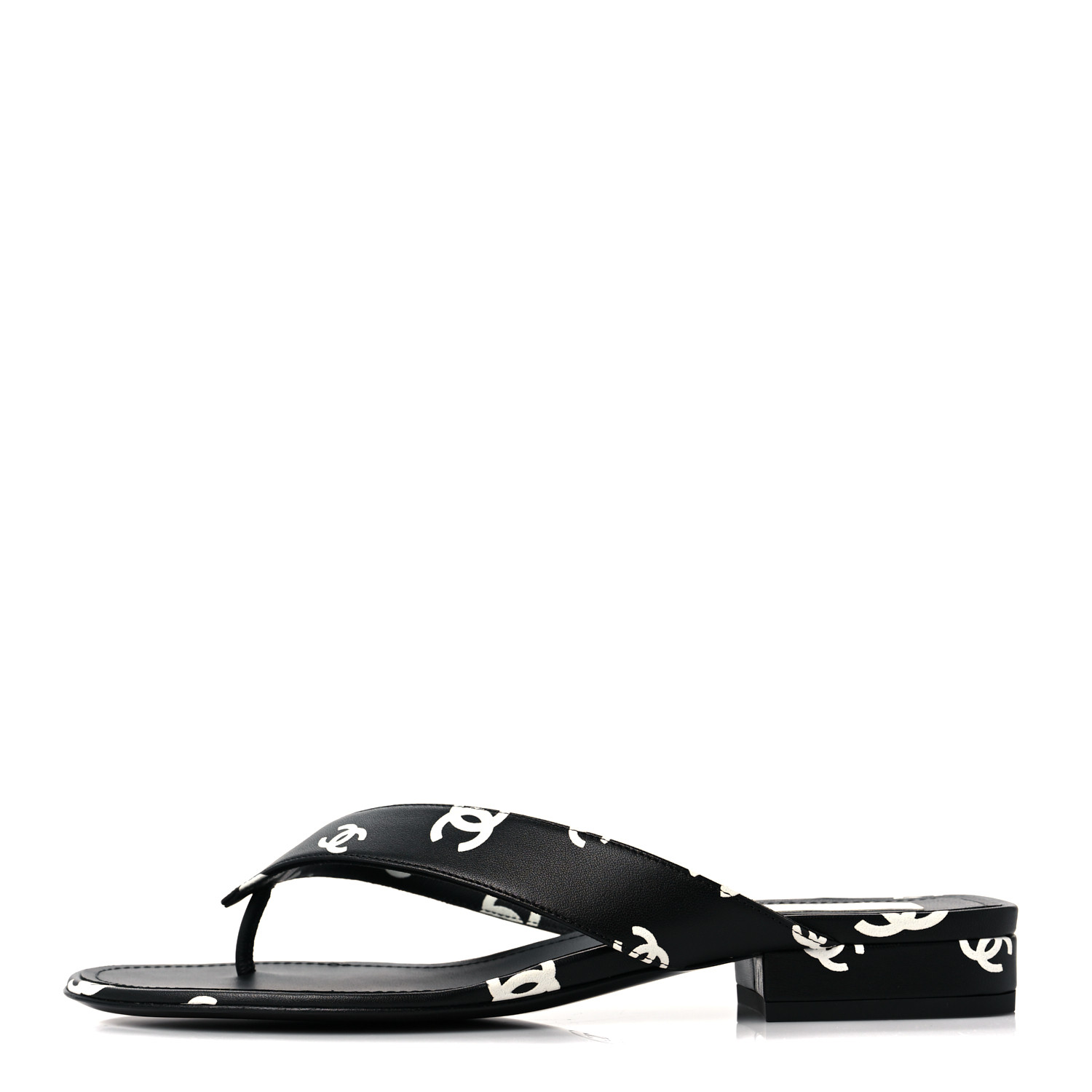 CHANEL Lambskin Printed CC Thong Sandals 38.5 Black White