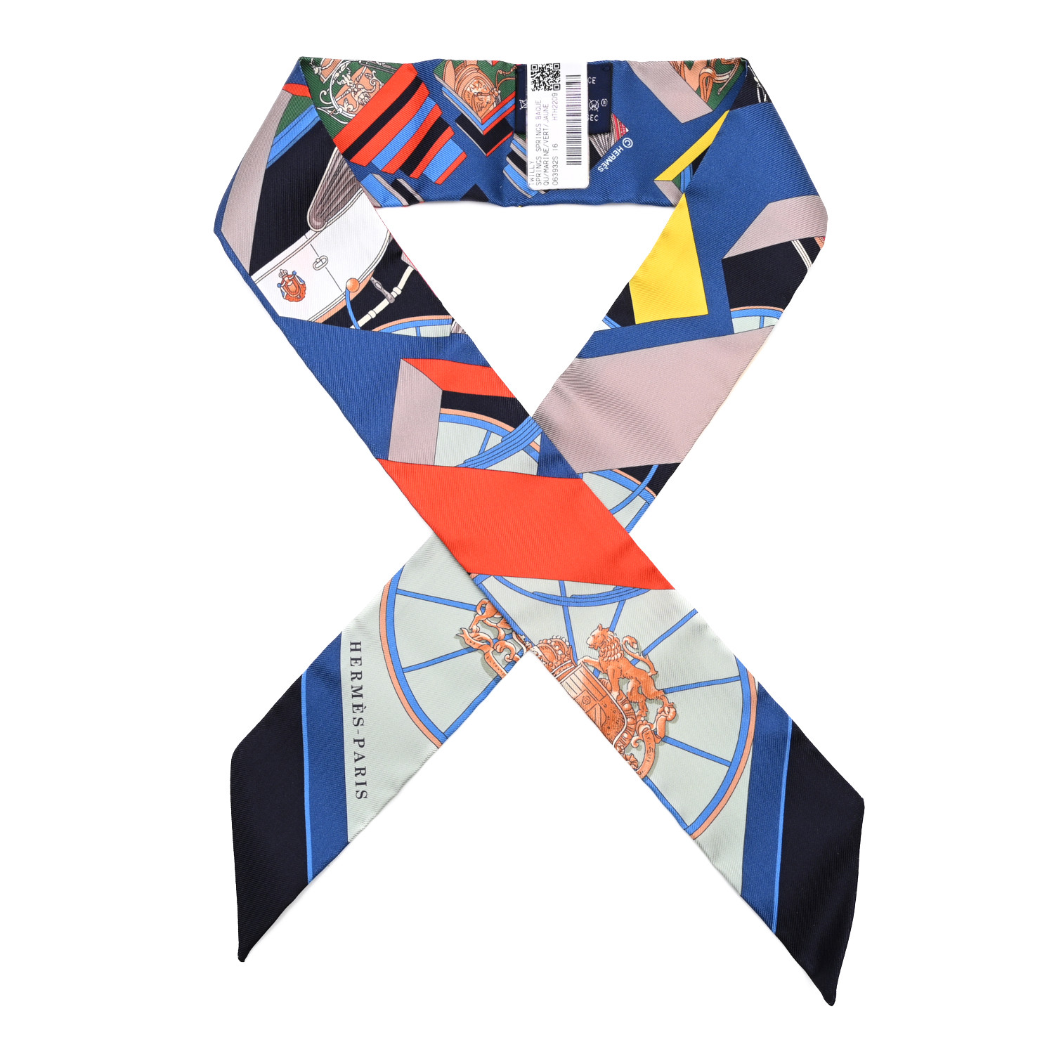 HERMES ツイリー　springs springs 2022 Hermes Springs Springs Blue Orange Print Silk Twilly Scarf