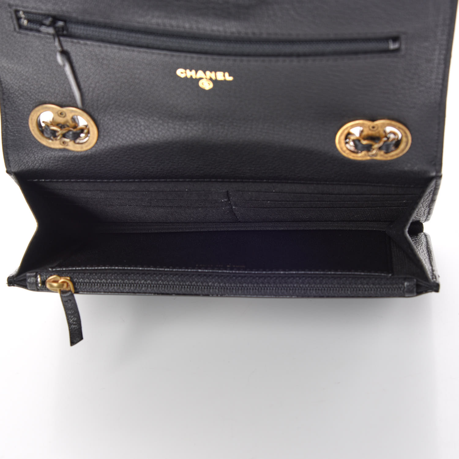 CHANEL Patent Goatskin Quilted CC Eyelet Wallet On Chain WOC