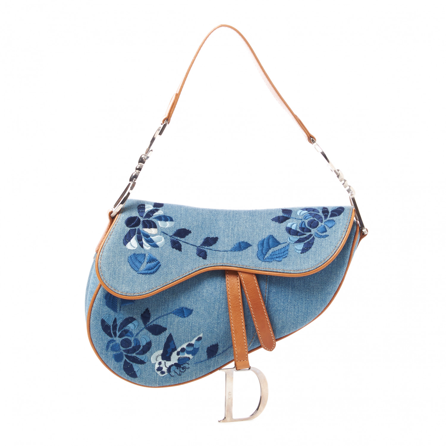 CHRISTIAN DIOR Denim Embroidered Saddle Bag Blue 789001