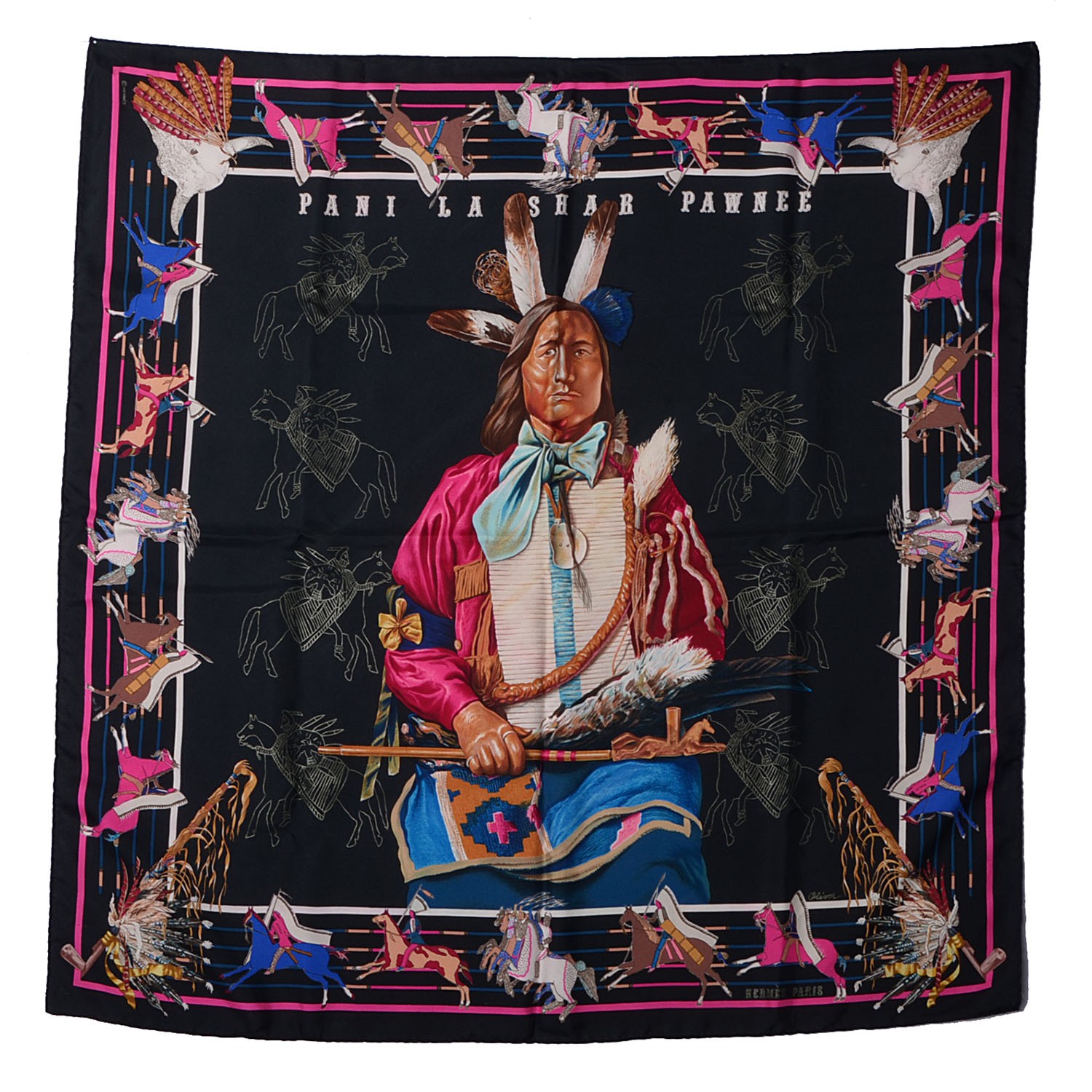エルメス ツイリー Pani La Shar Pawnee Rose HERMES Silk Pani La Shar Pawnee Scarf 90 Noir Rose 98729
