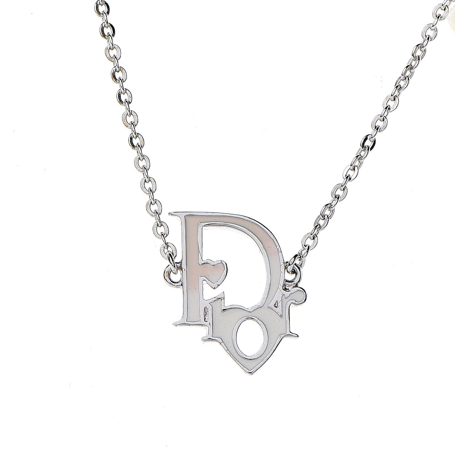 CHRISTIAN DIOR Logo Pendant Necklace Silver White 506356
