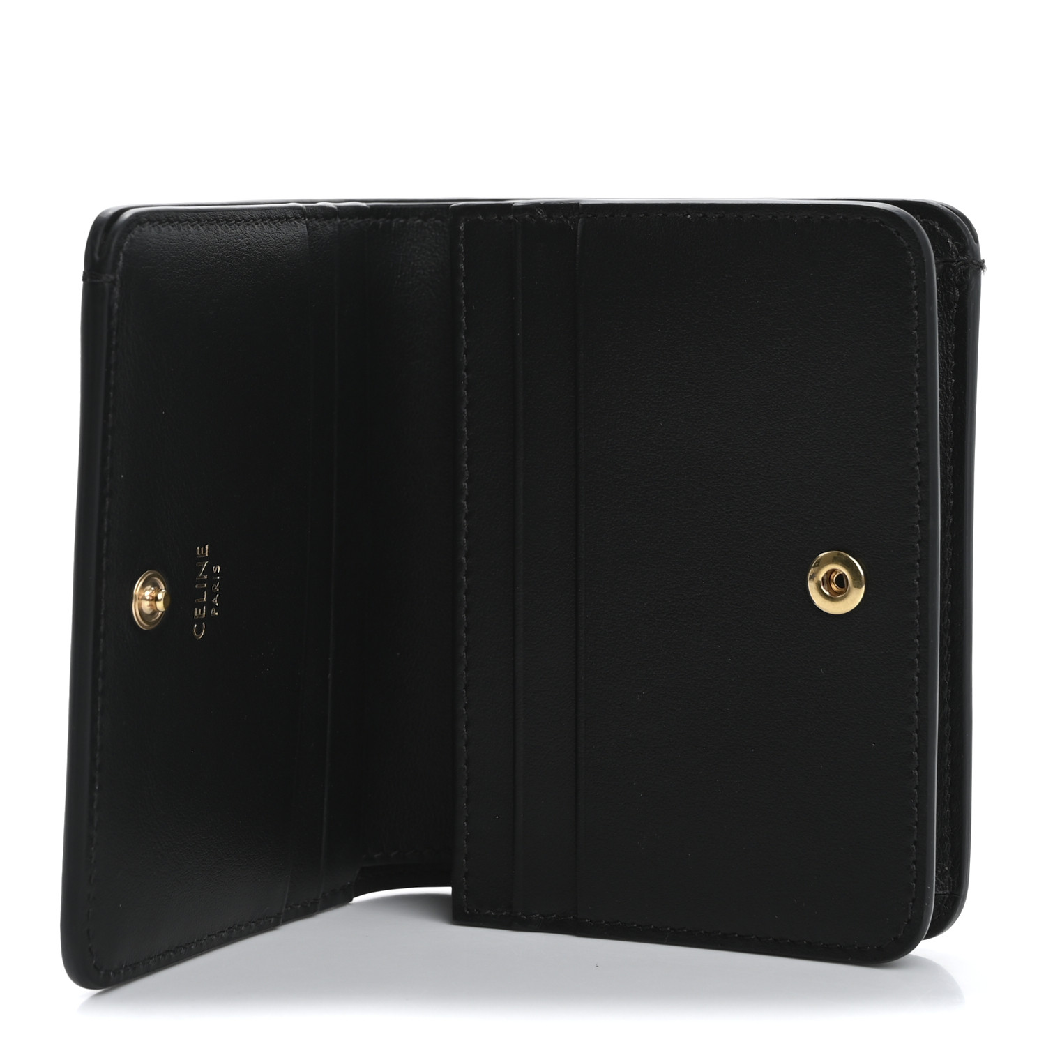 CELINE Shiny Calfskin Triomphe Compact Wallet Black 1666554
