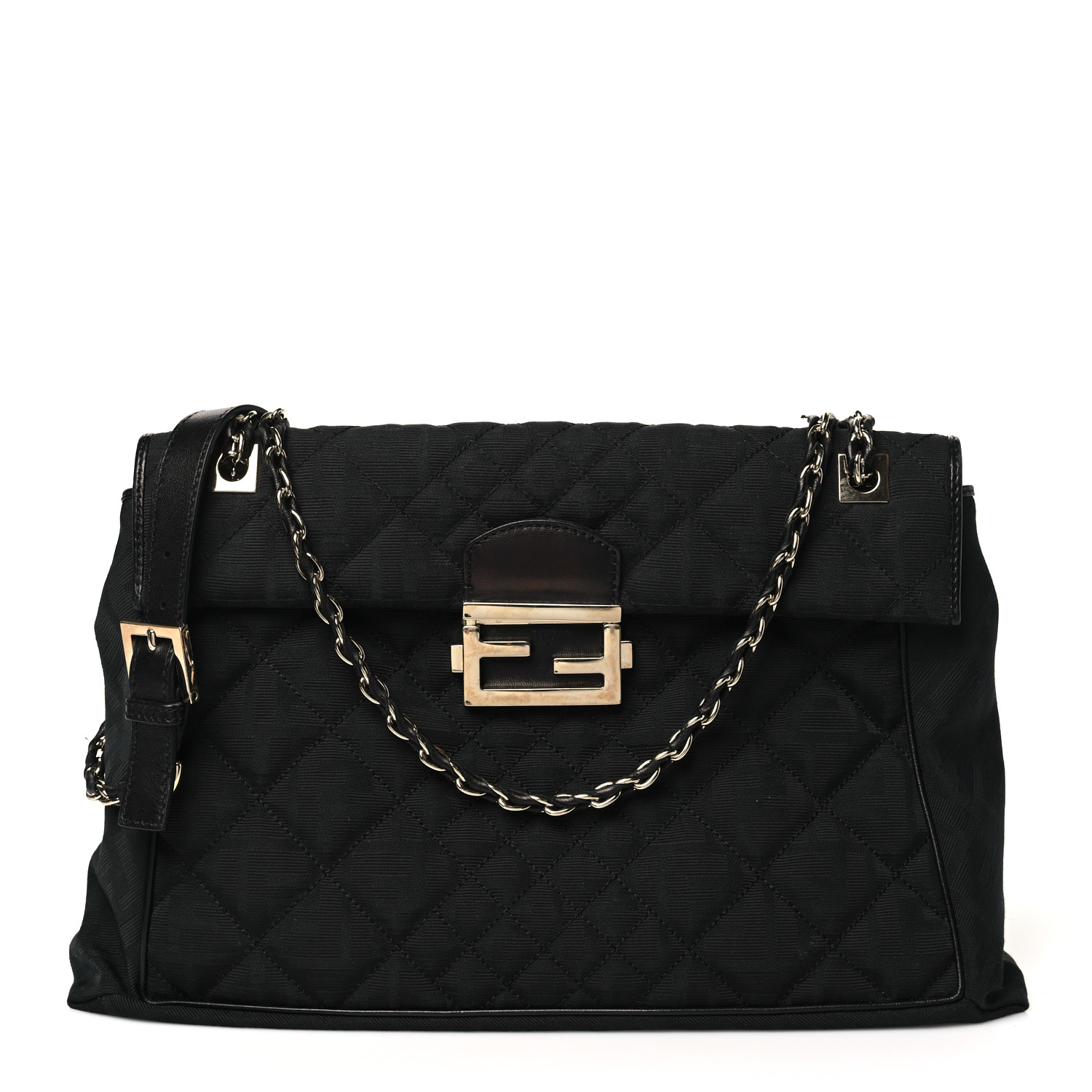 FENDI Zucca Quilted Maxi Baguette Shoulder Bag Black 1658931