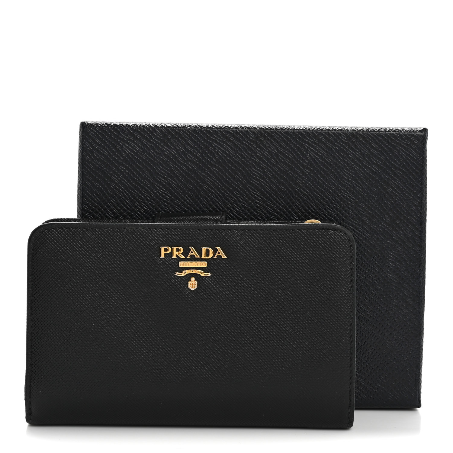 PRADA Saffiano Metal Compact Wallet Black 1663072 | FASHIONPHILE