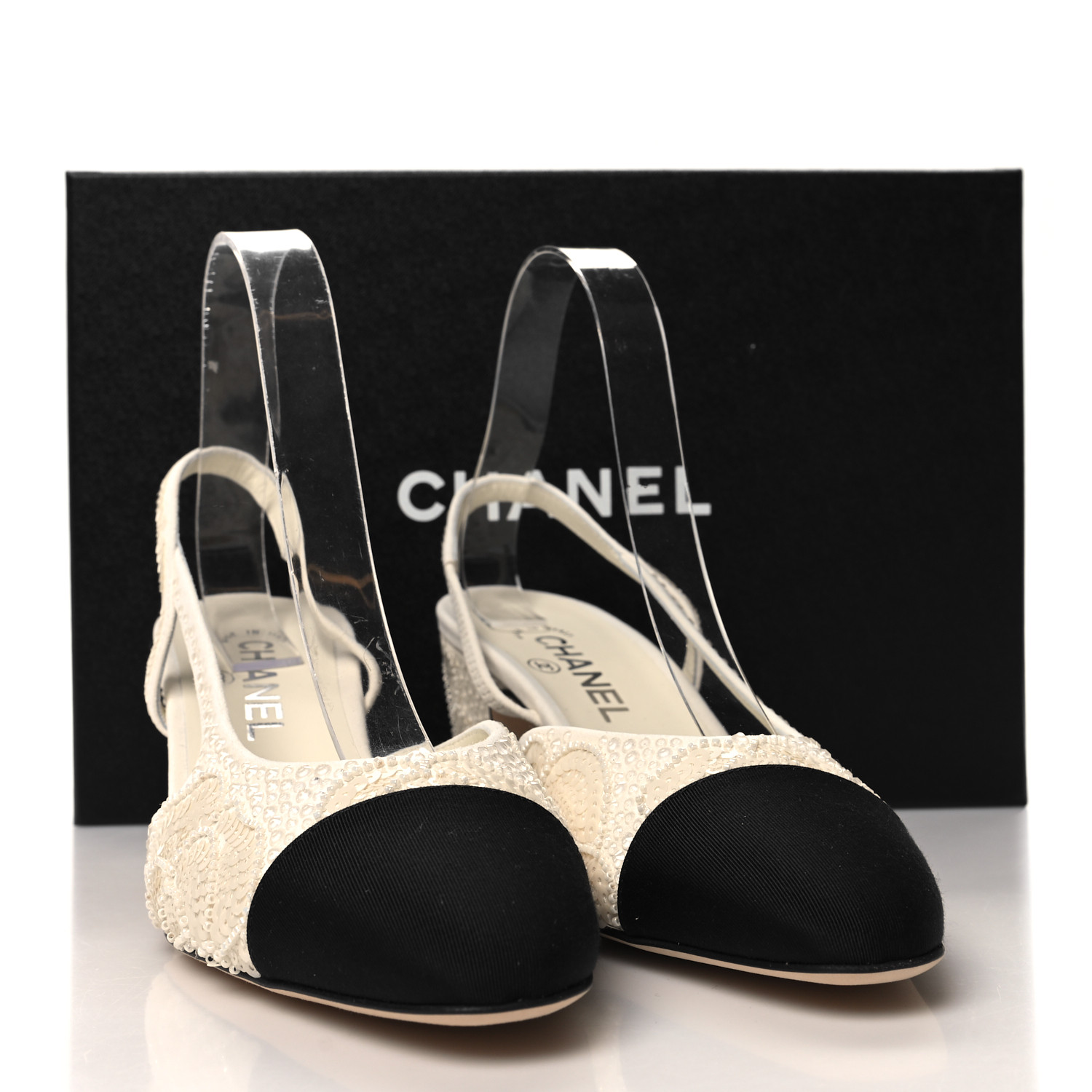 シャネル　40 CHANEL Strass Sequin Grosgrain Cap Toe CC Slingback Pumps 40