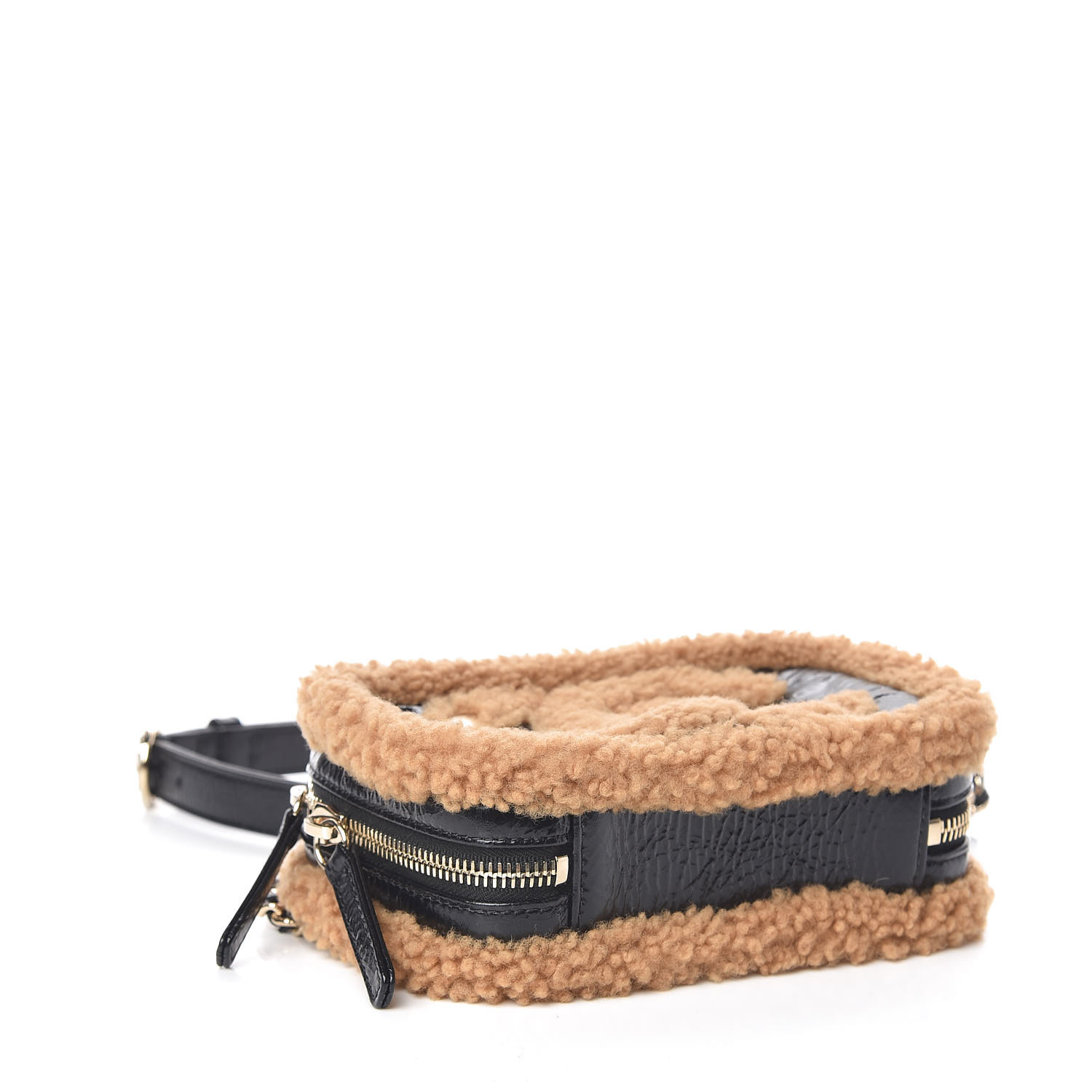 CHANEL Shiny Crumpled Sheepskin Shearling CC Mania Waist Bag Black Light  Brown 457999