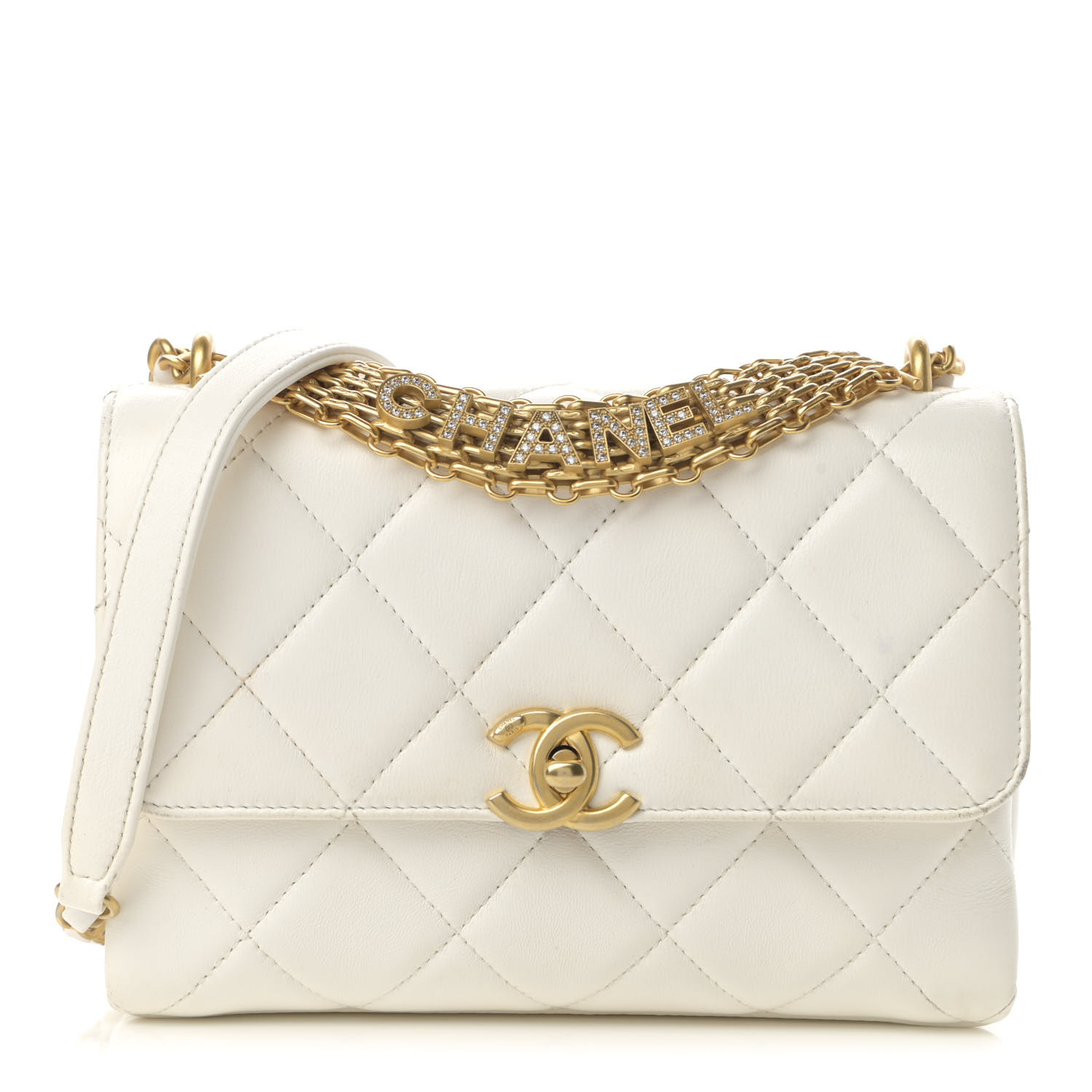 Chanel Crystal Logo Letters Chain Handle Flap Bag Quilted Lambskin Small White