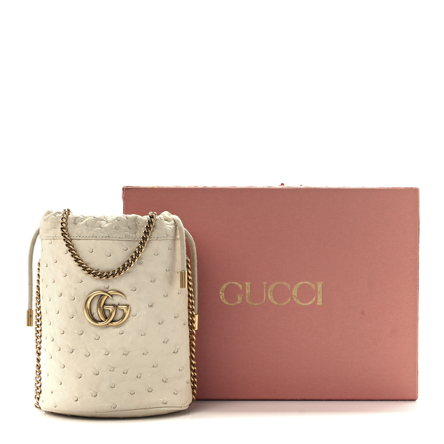 GUCCI Ostrich Mini GG Marmont 2.0 Bucket Bag White 1205873
