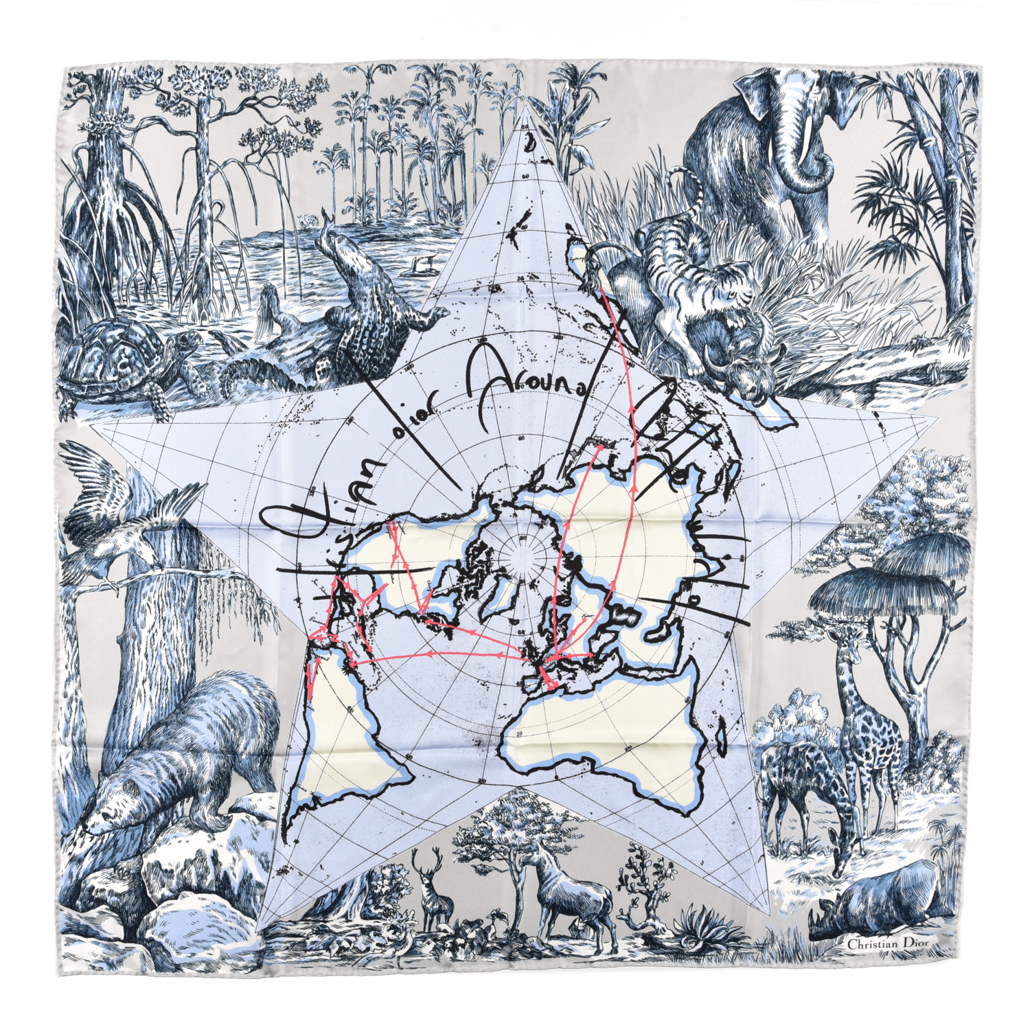 AROUND THE WORLD スカーフ　シルク　クリスチャンディオール CHRISTIAN DIOR Silk Around The World Scarf 90 Grey 998965