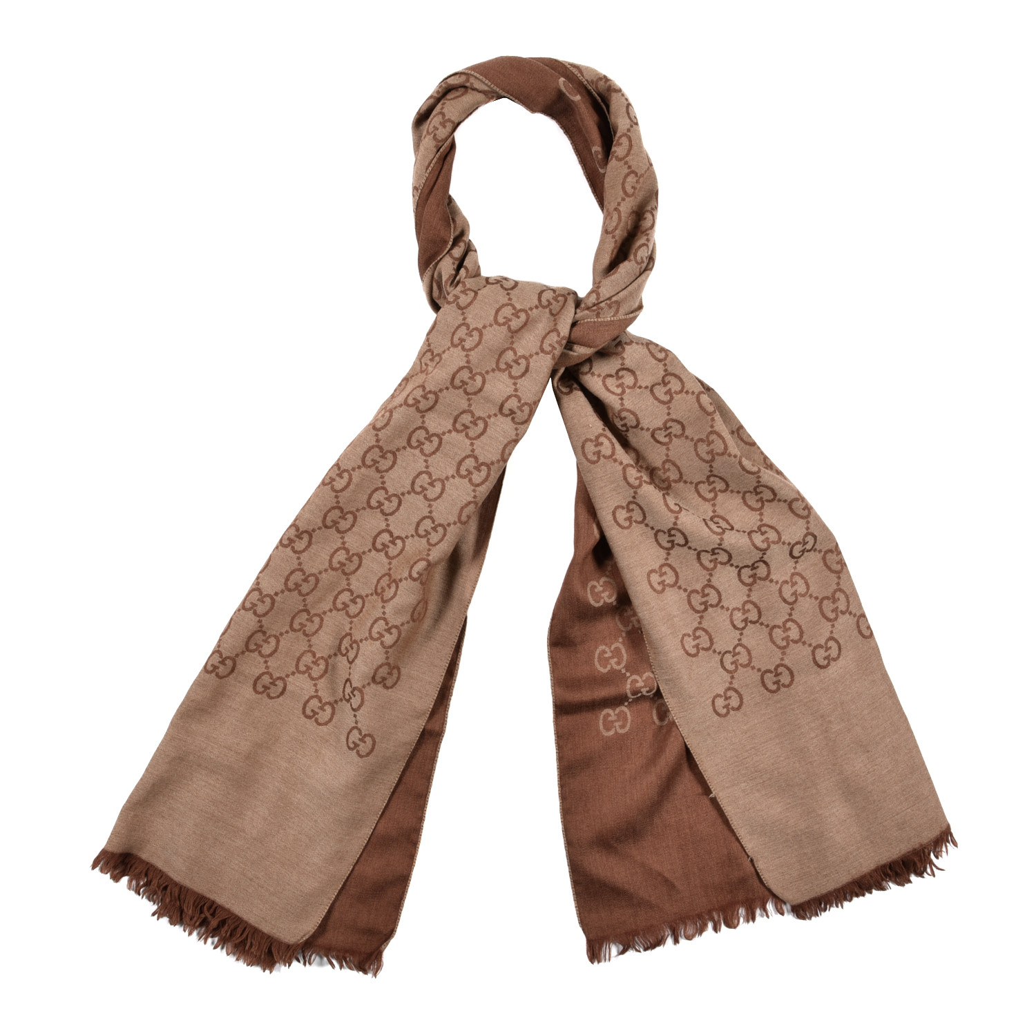 GUCCI Wool Silk GG Monogram Fringe Scarf Brown 999341