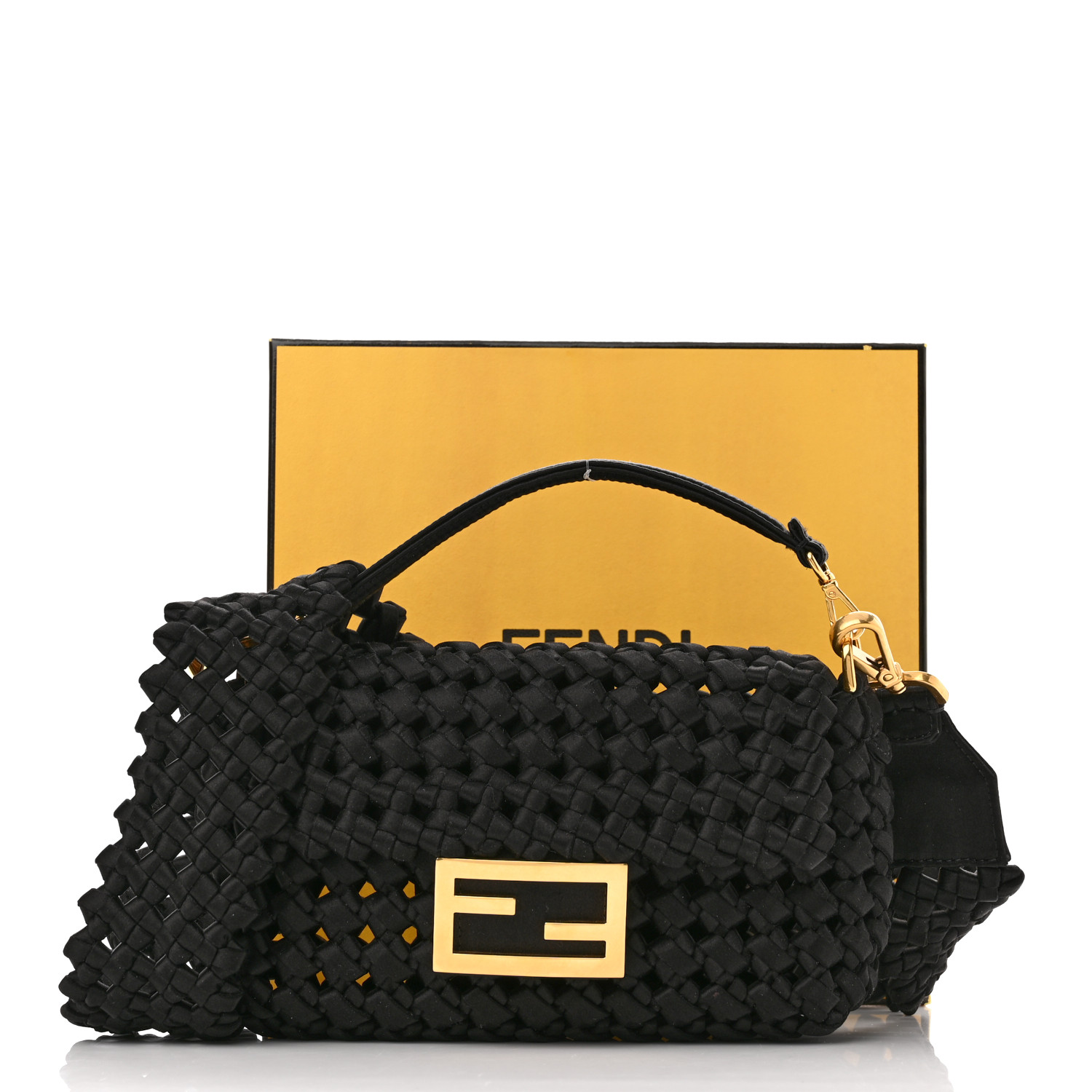 FENDI Satin Square Knot Woven Mini Baguette Black 1212934
