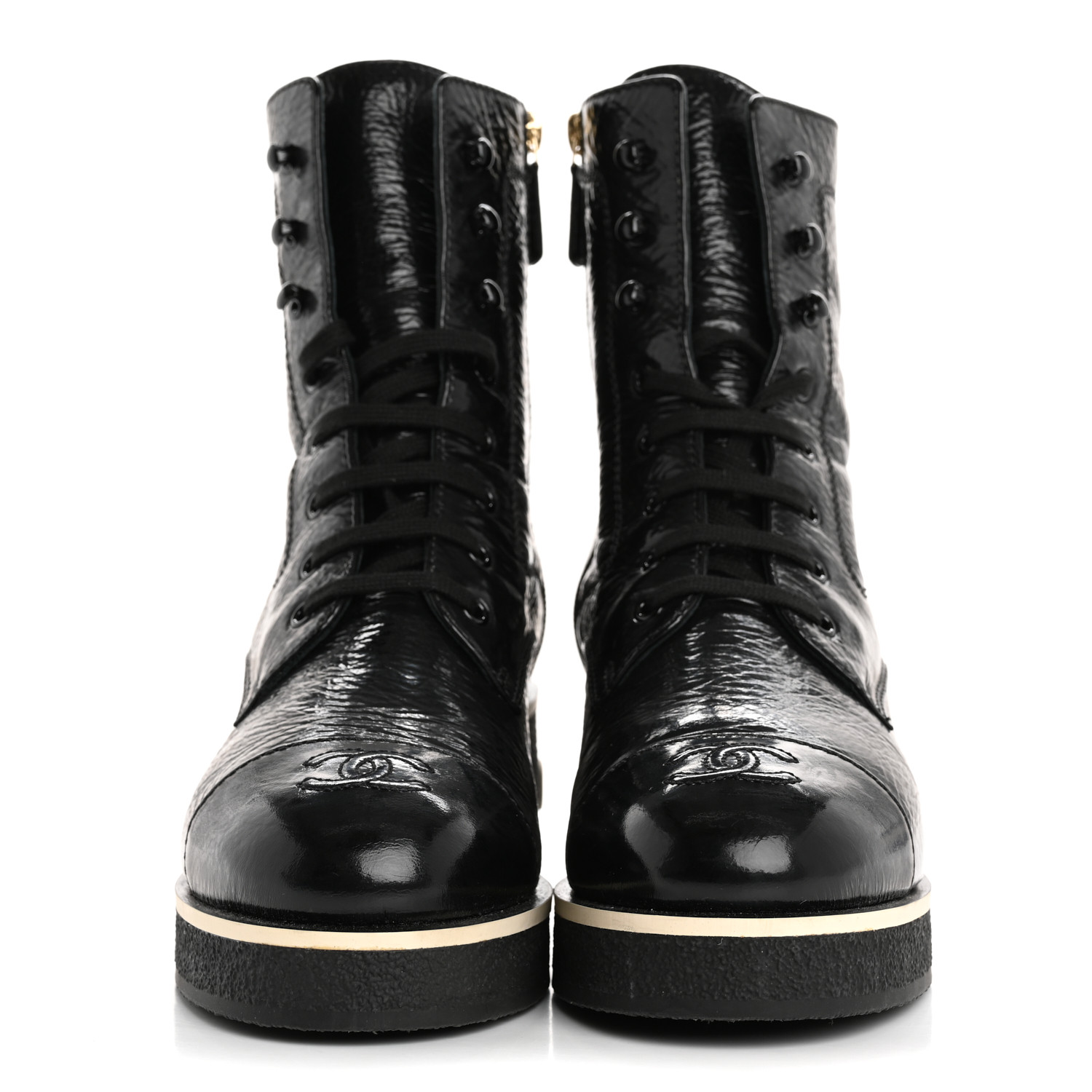 CHANEL Shiny Crumpled Lambskin Lace Up Combat Boots 42 Black
