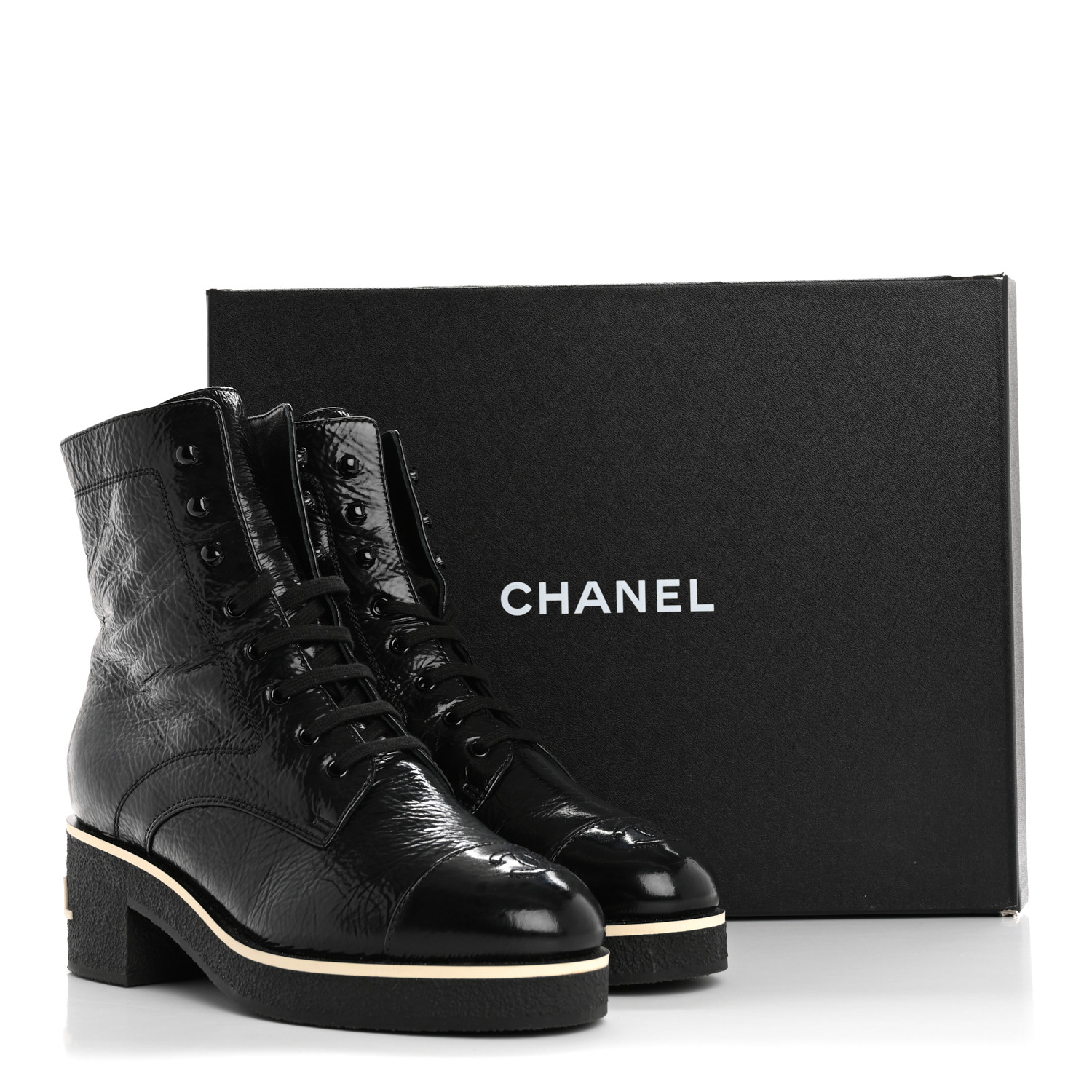 CHANEL Shiny Crumpled Lambskin Lace Up Combat Boots 42 Black