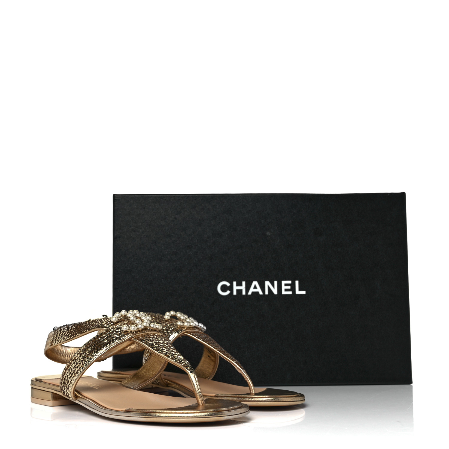 CHANEL Sequin Pearl CC Thong Sandals 38.5 Gold 982261