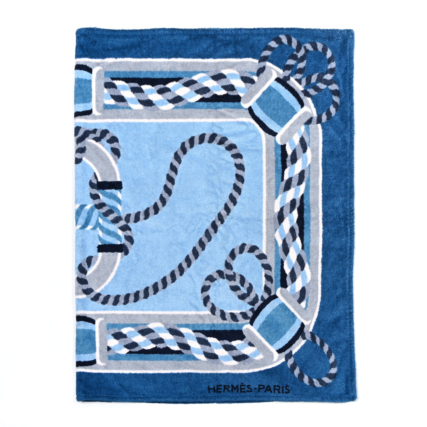 HERMES∽Tapis de plage Canoe H∽ビーチマット カノエH パリ☆ HERMES Cotton Terry Canoe H Beach Towel Denim 1485891