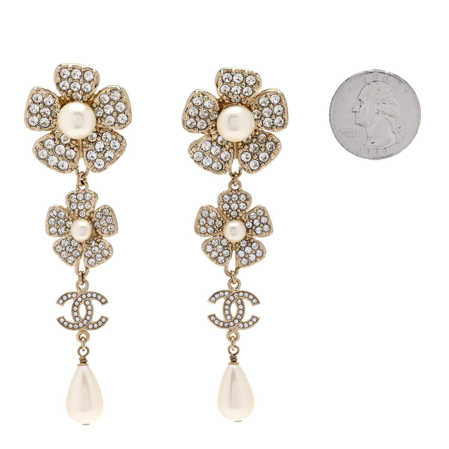 CHANEL Crystal Pearl Flower CC Clip On Drop Earrings Light