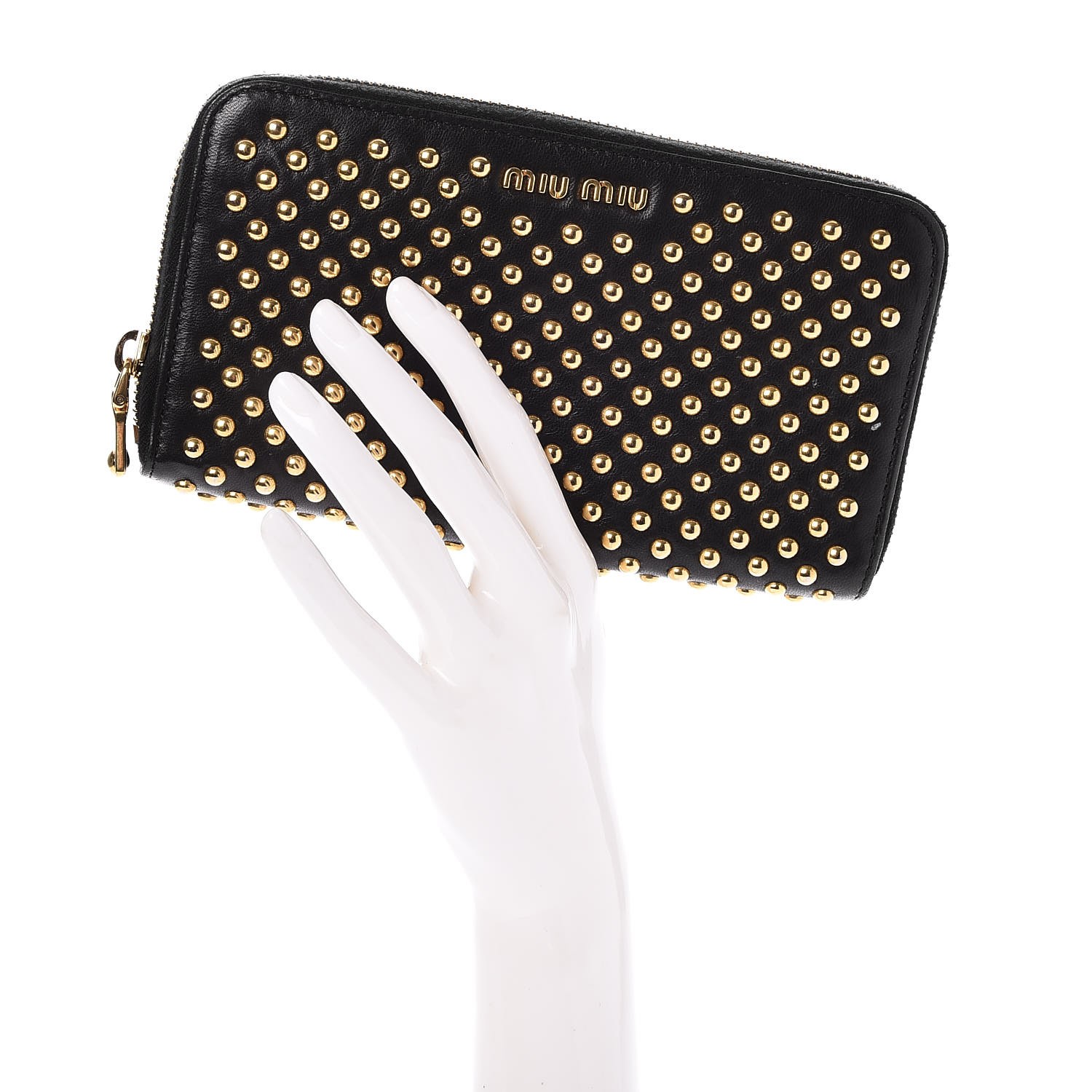 MIU MIU Nappa Metal Studded Zip Around Wallet Nero Black
