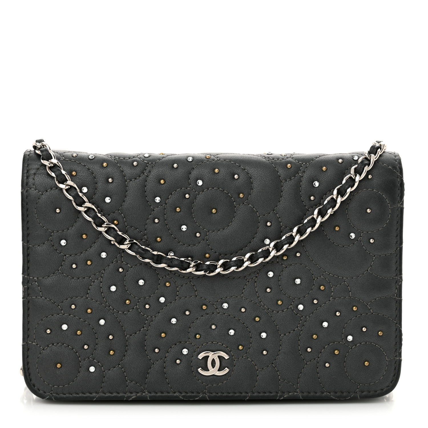 CHANEL Lambskin Camellia Studded Wallet on Chain WOC Grey