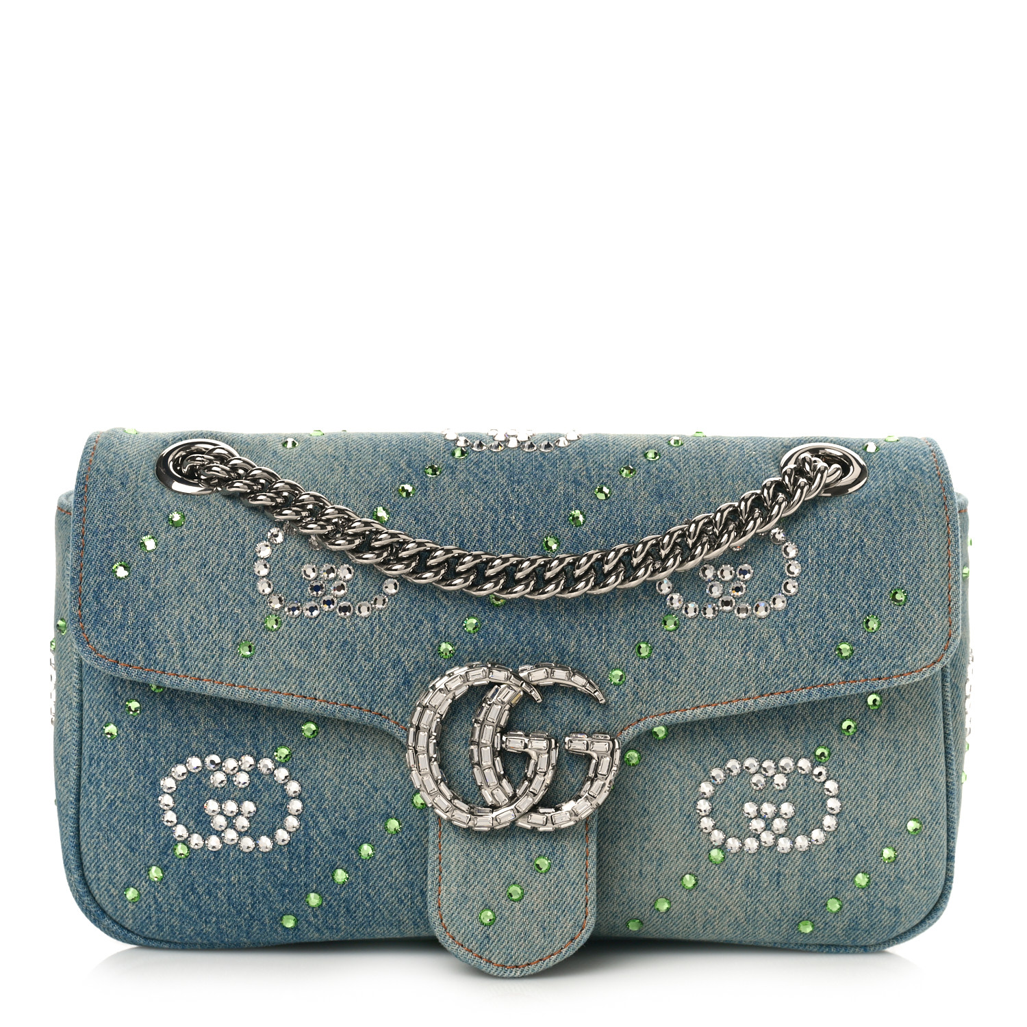 GUCCI Denim Crystal Applique Small GG Marmont Shoulder Bag