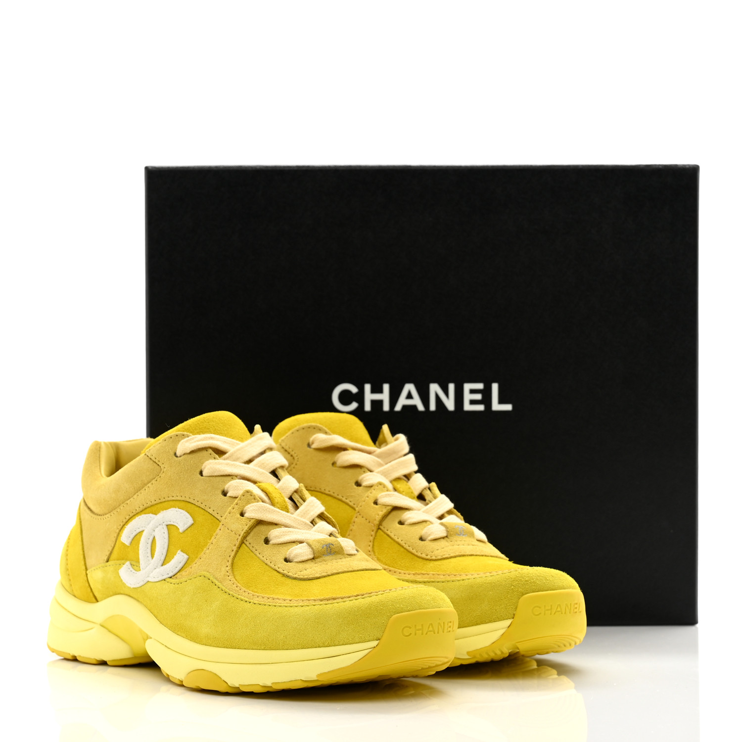 CHANEL Suede Calfskin CC Sneakers 38 Yellow 1429781
