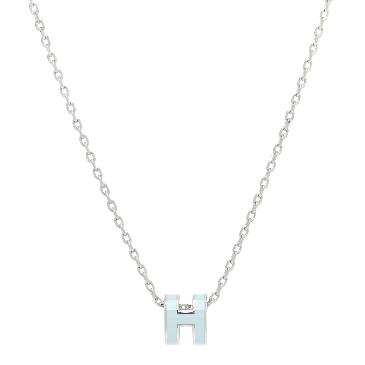 HERMES Lacquered Palladium Mini Pop H Pendant Necklace Bleu