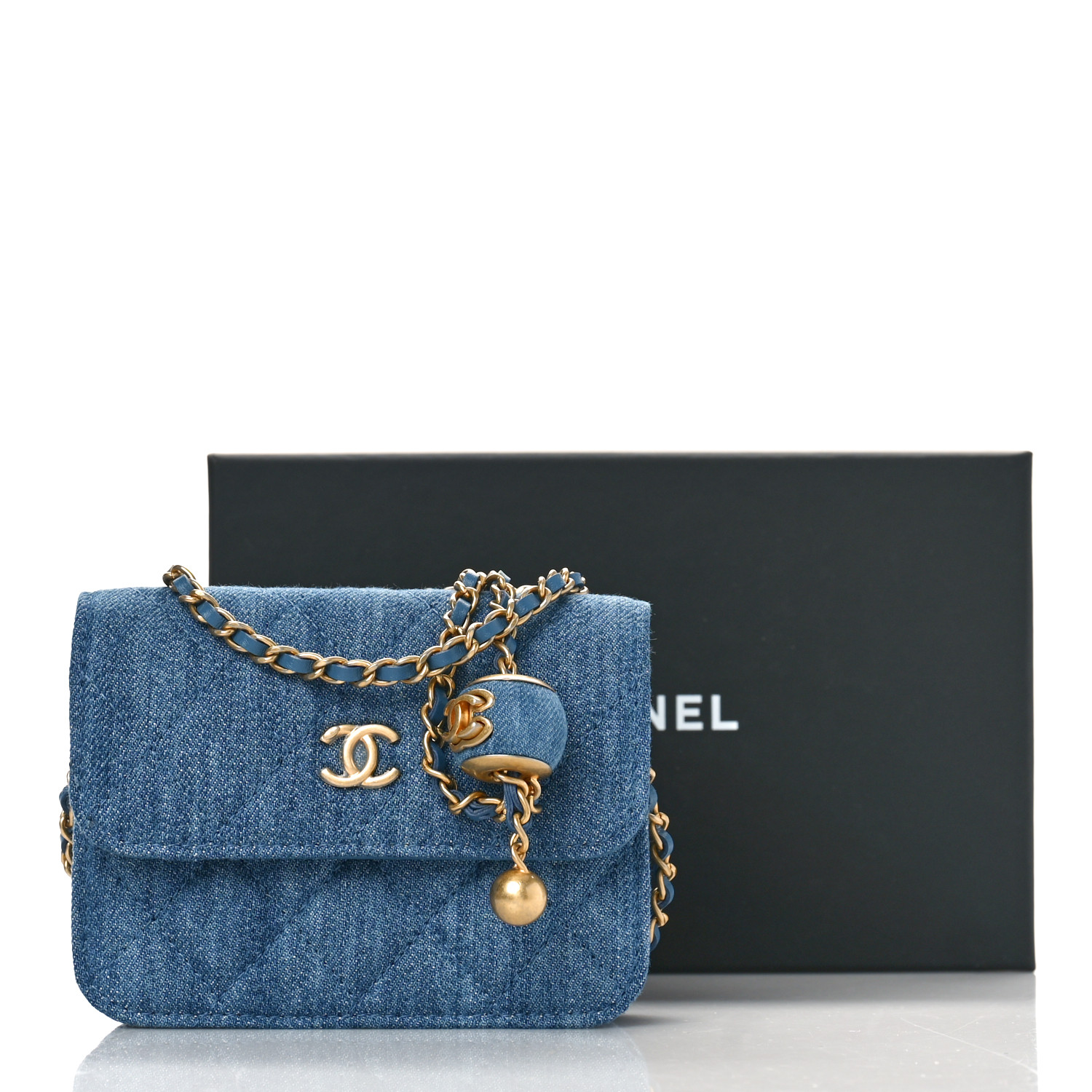 CHANEL Denim Quilted CC Pearl Crush Clutch With Chain Blue