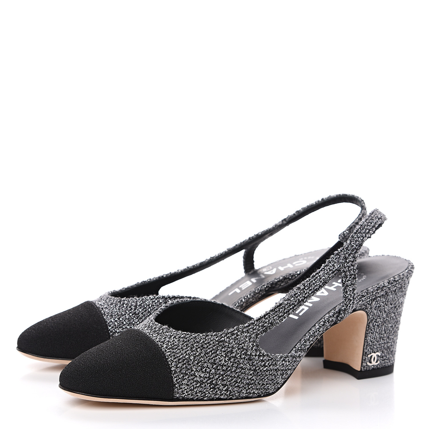 CHANEL Tweed Cap Toe CC Slingback Pumps 36 Black Grey 548076