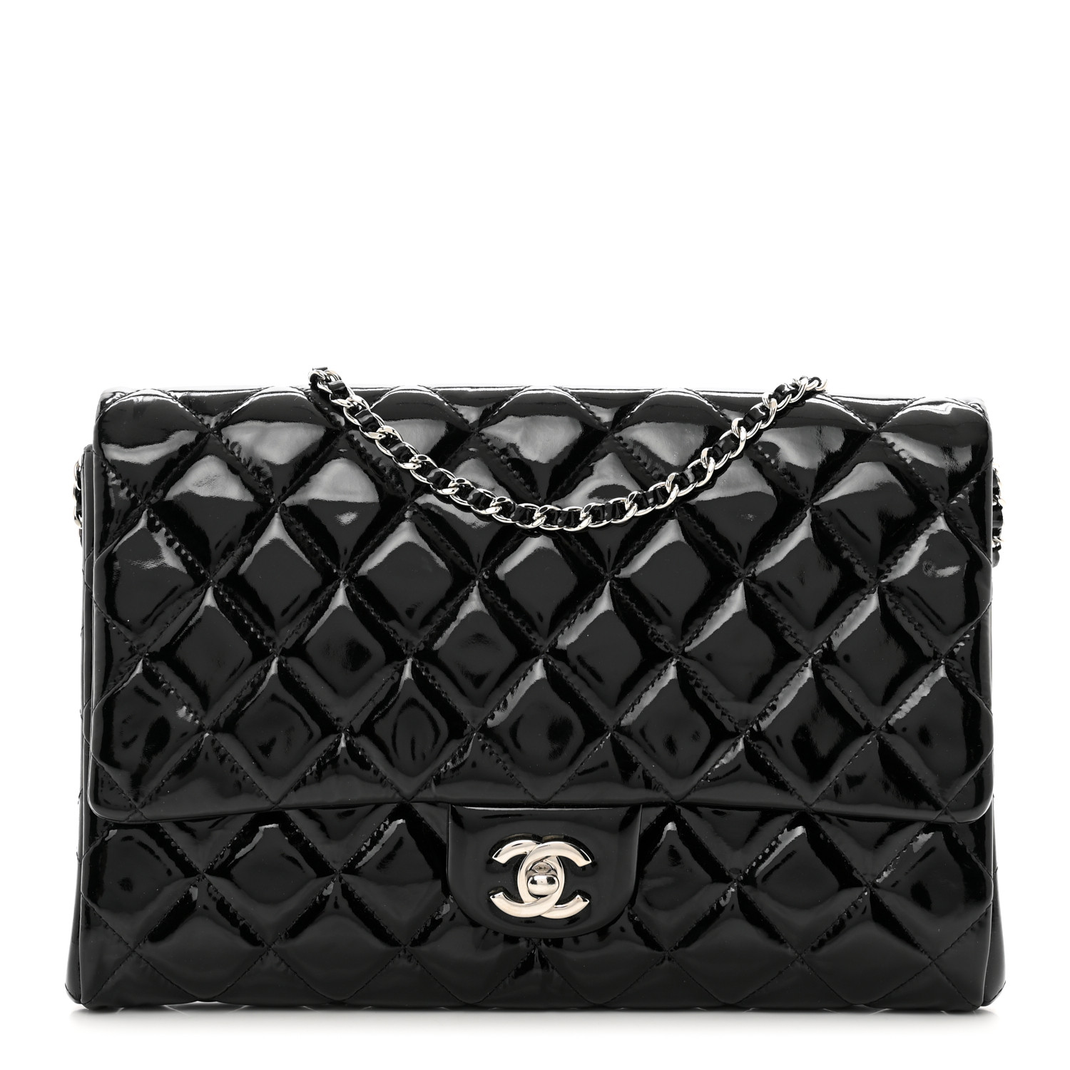CHANEL Patent Quilted Clutch with Chain Flap Black 1620814