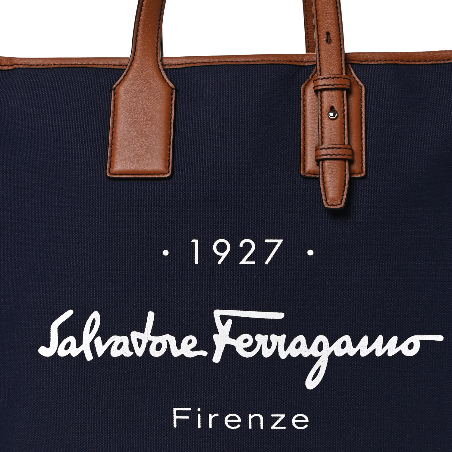 ☆Salvatore Ferragamo☆ 1927 Signature トートバッグ NAVY♪ SALVATORE FERRAGAMO Canvas 1927 Signature Tote Navy Brown