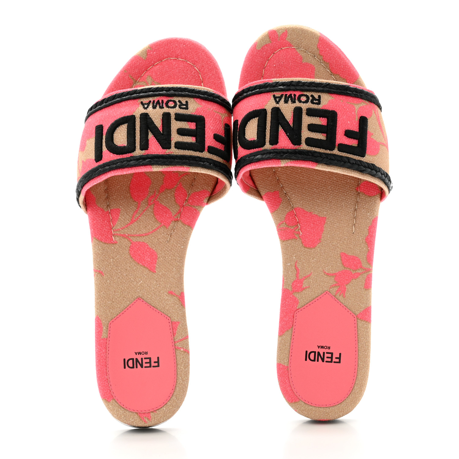 FENDI - rose FENDI Canvas Rose Logo Embroidered Flat Slide Sandals 36