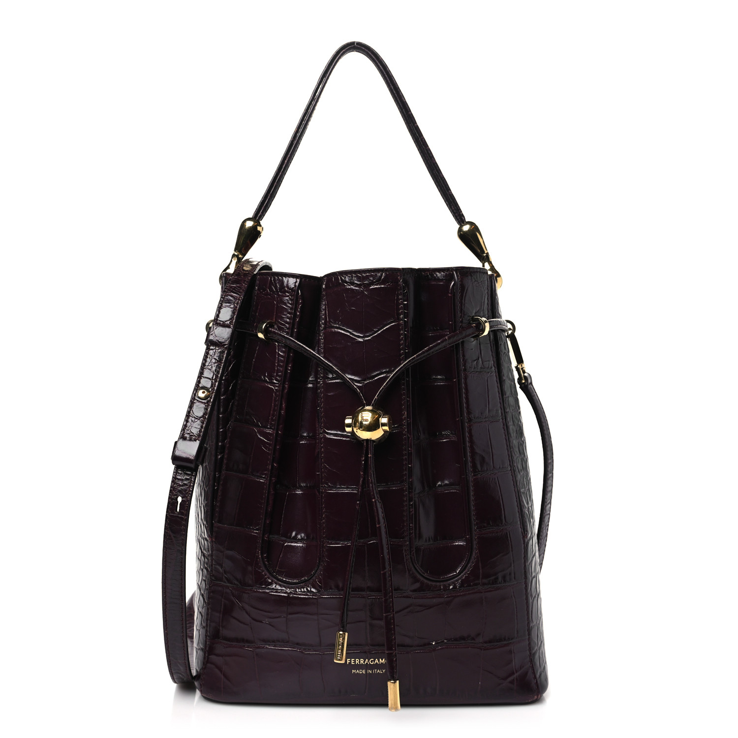 SALVATORE FERRAGAMO Calfskin Crocodile Embossed Bucket Bag
