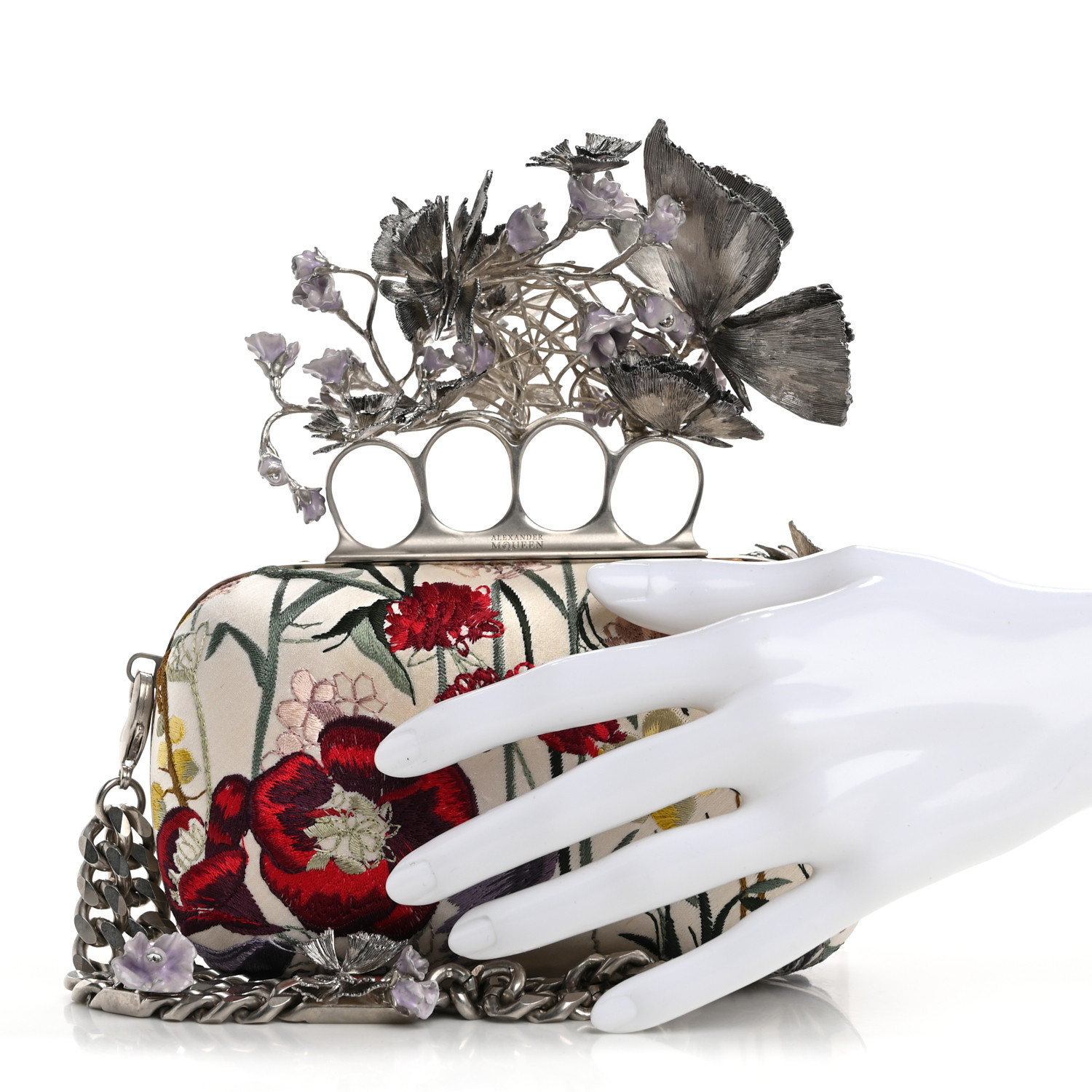 ALEXANDER MCQUEEN クラッチ&フリフケス ALEXANDER MCQUEEN Satin Embroidered Flower Butterfly Knuckle