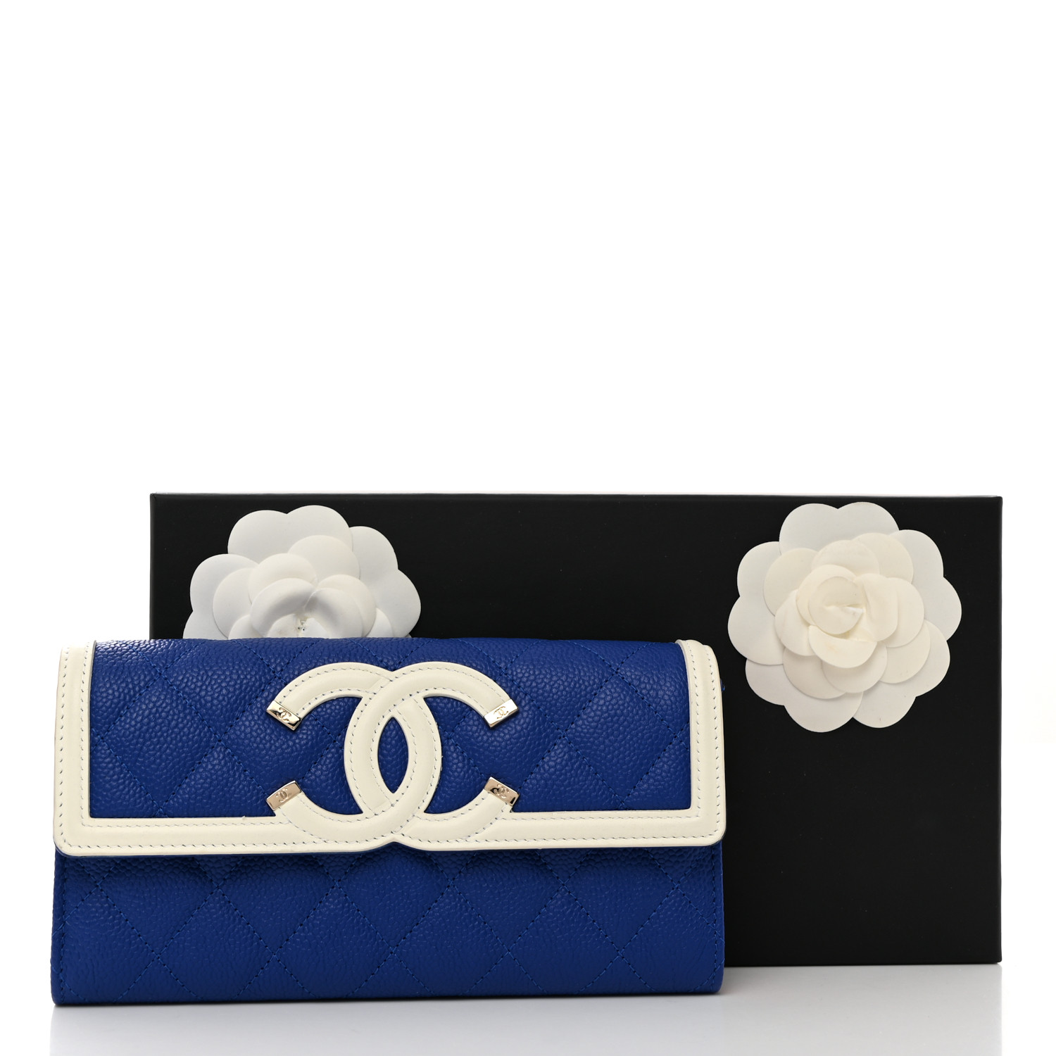 CHANEL Caviar Quilted Filigree Large Gusset Flap Wallet Blue
