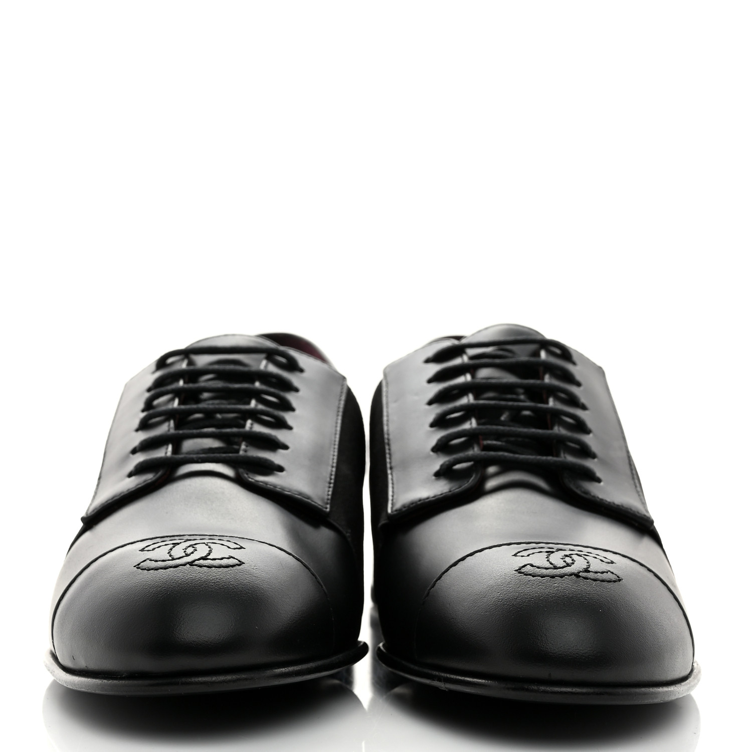 CHANEL Calfskin Elastic Lace Up Cap Toe CC Loafers 36 Black