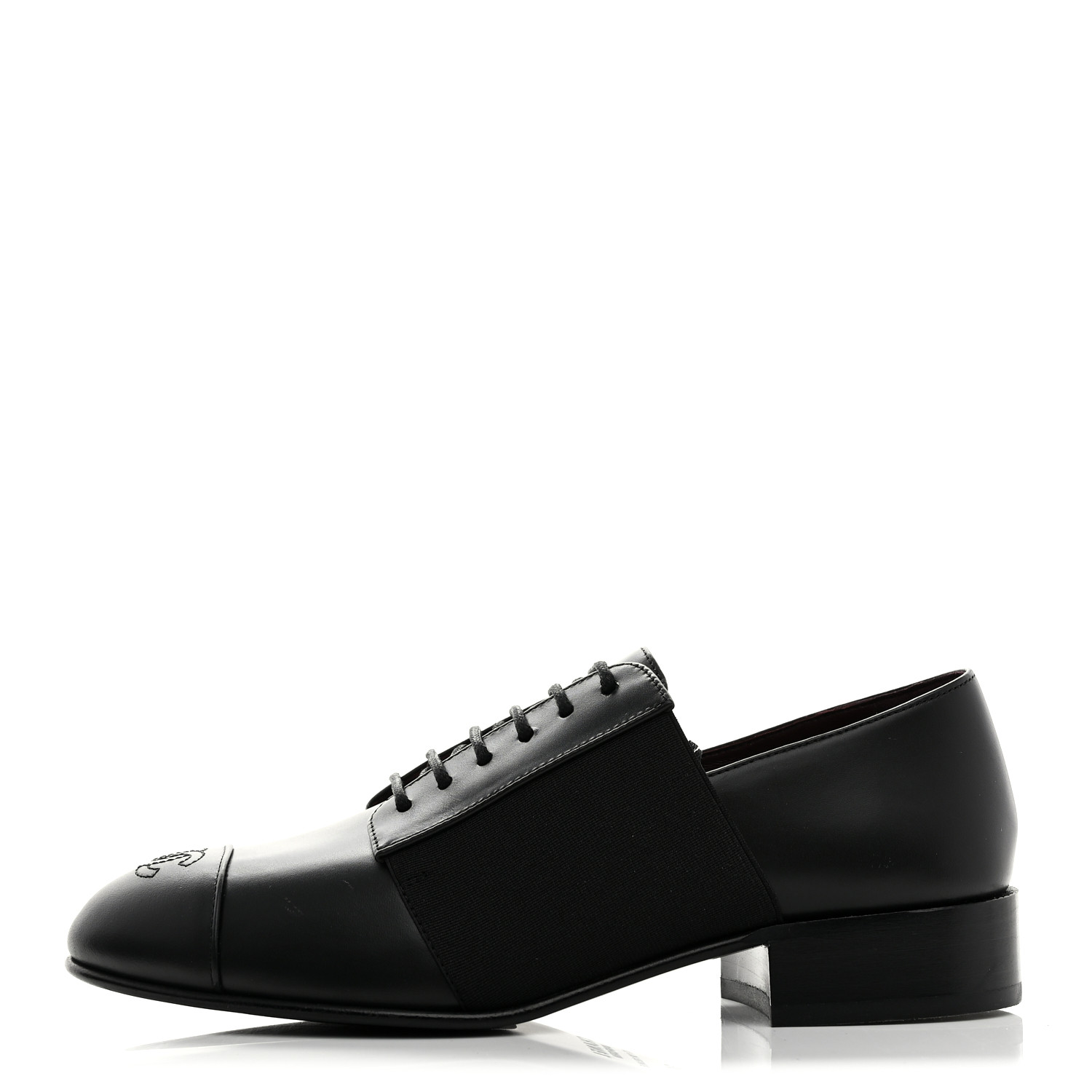 CHANEL Calfskin Elastic Lace Up Cap Toe CC Loafers 36 Black