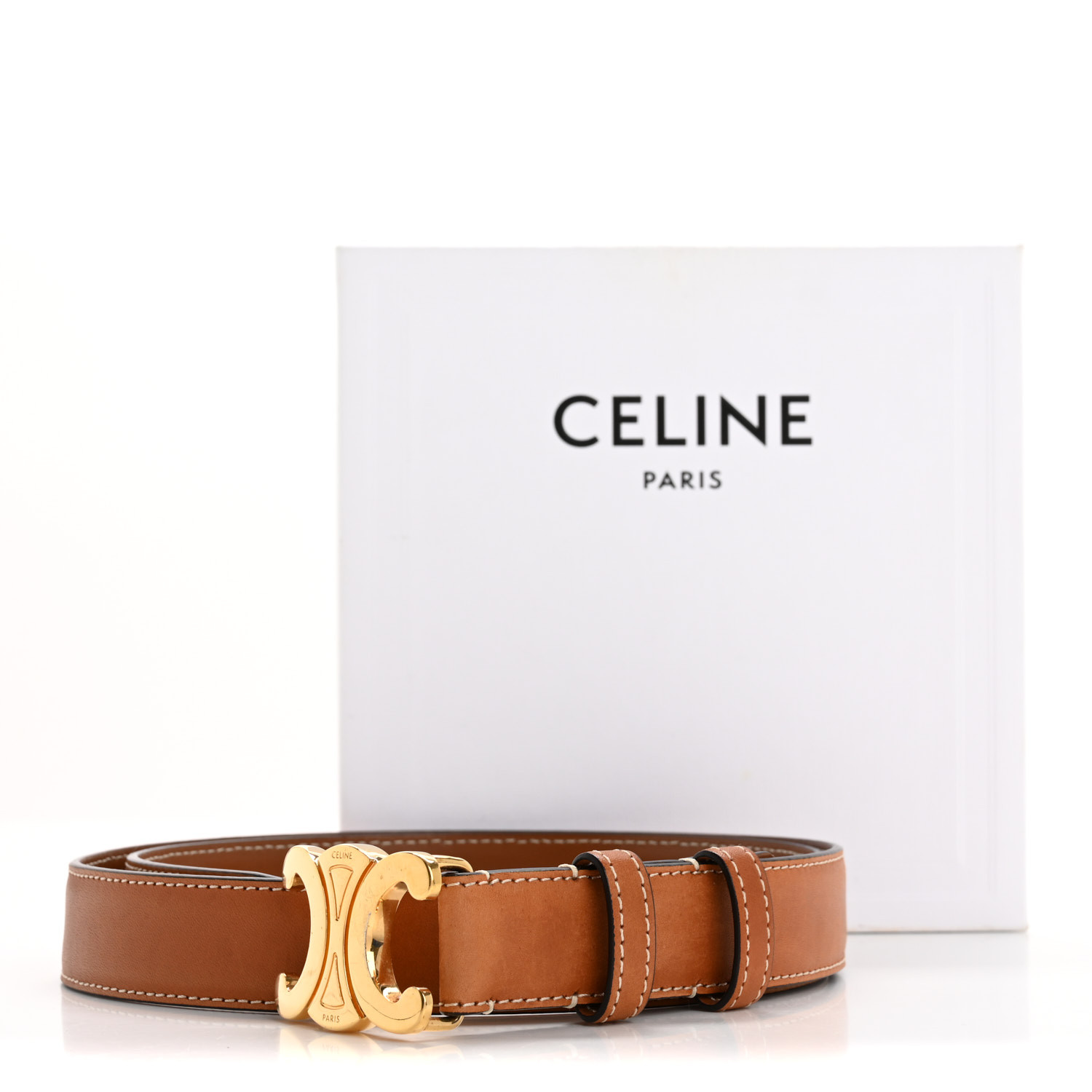 CELINE Box Calfskin Small 18mm Triomphe Belt 80 32 Tan