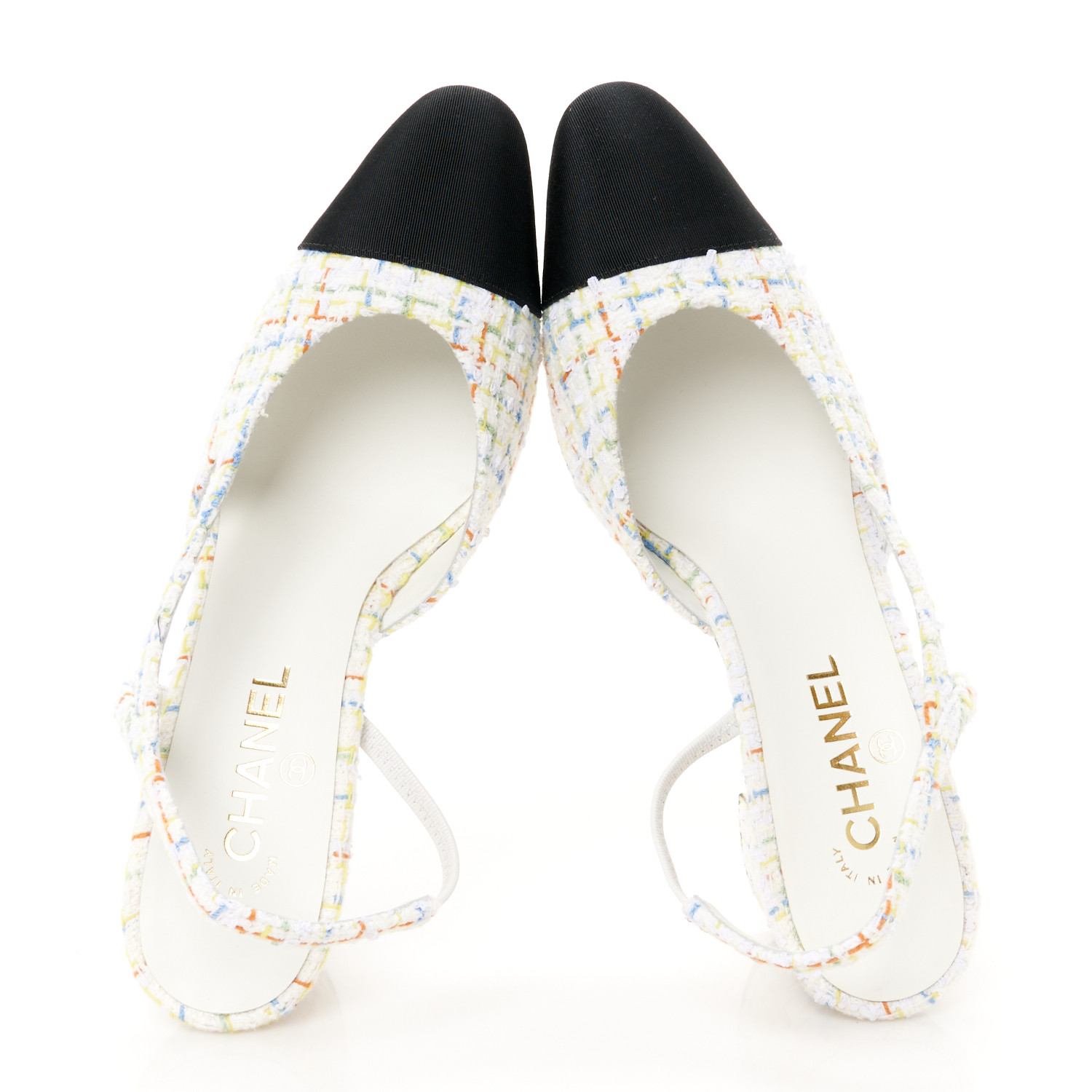 CHANEL Tweed Grosgrain Cap Toe CC Slingback Pumps 40.5 White