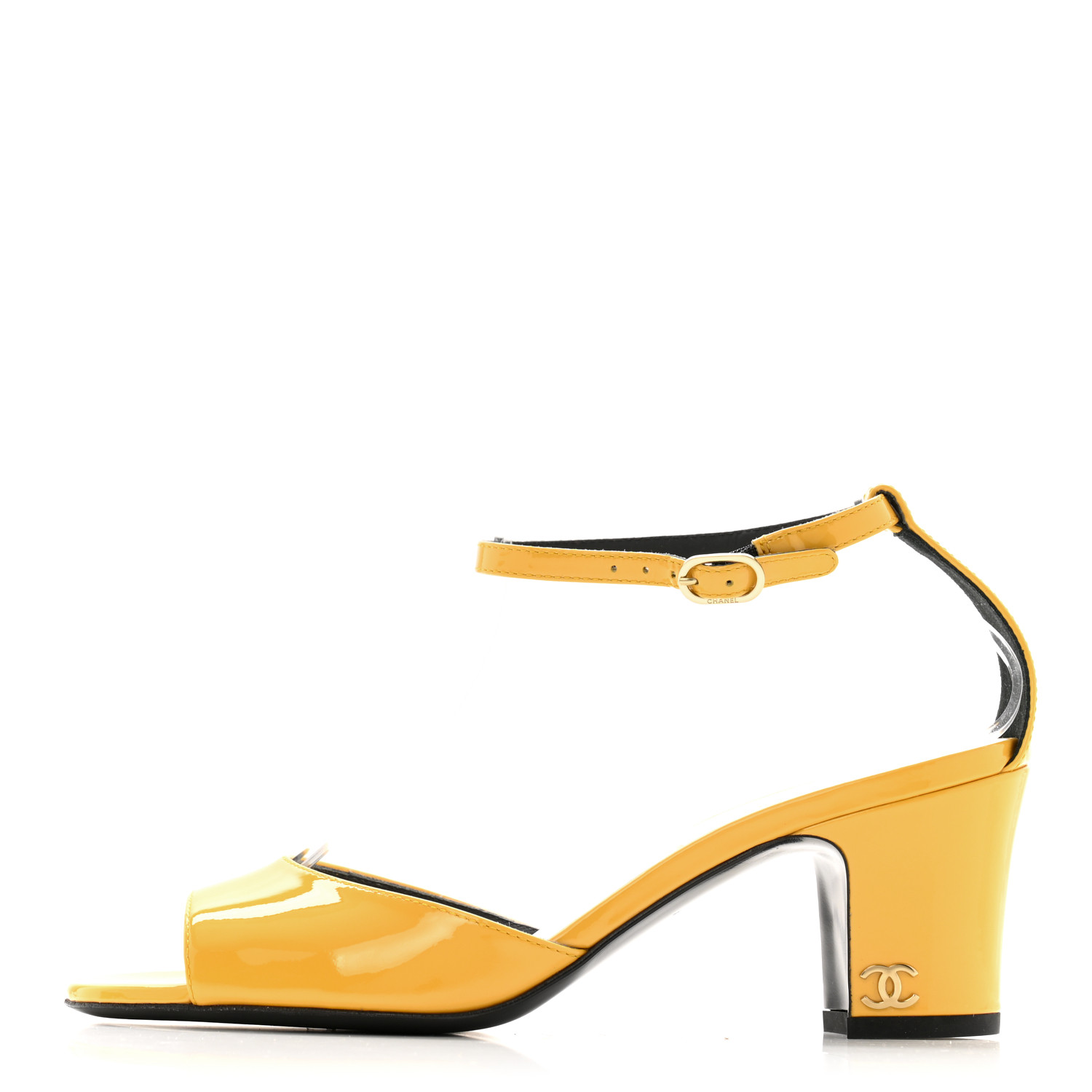 CHANEL Patent CC Ankle Strap Sandals 37.5 Yellow 1676619