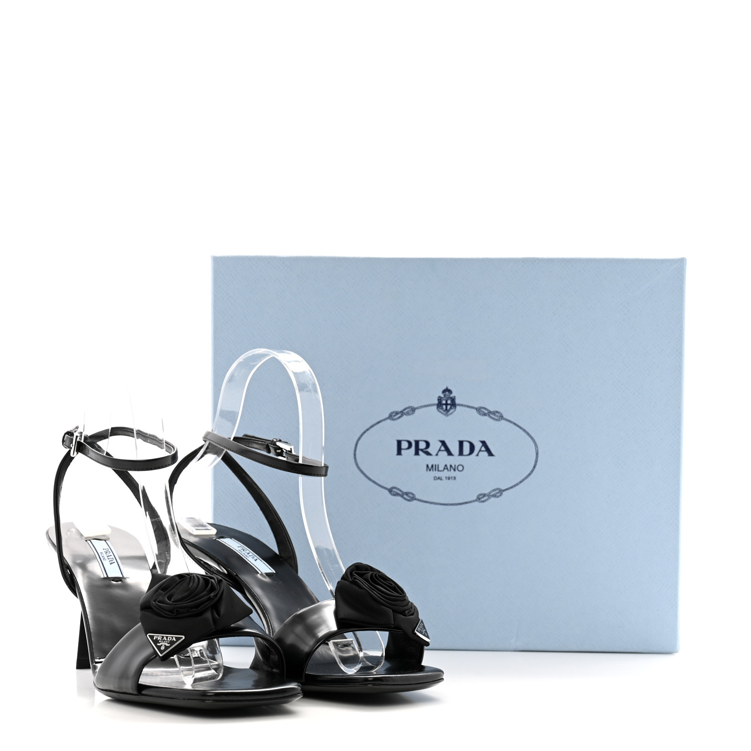 PRADA❤︎サンダル❤︎VERNICE FLOWER PRADA Vernice Nylon Flower Metal Triangle Logo Open Toe 65mm