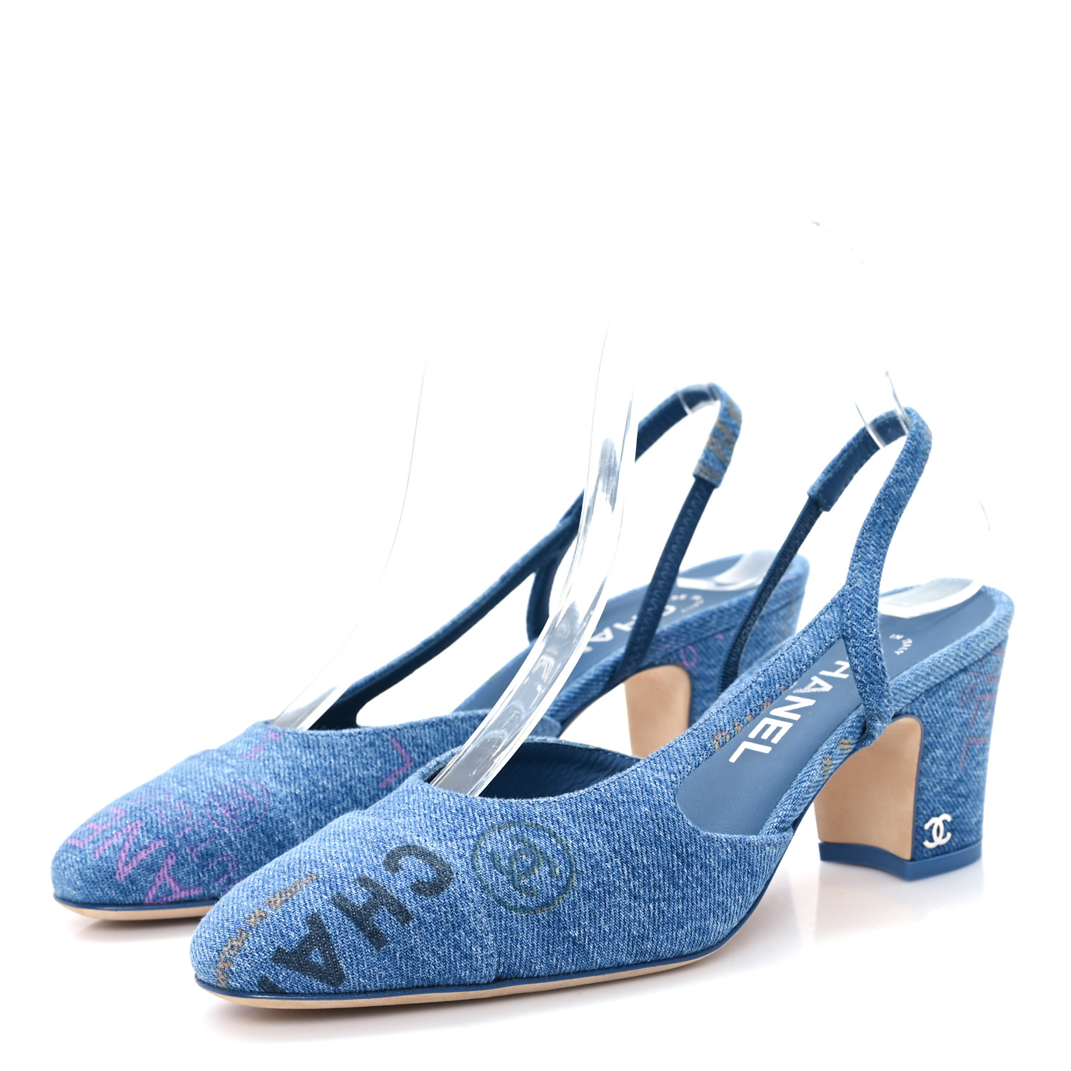 CHANEL Denim Printed Mood Cap Toe CC Slingback Pumps 36.5