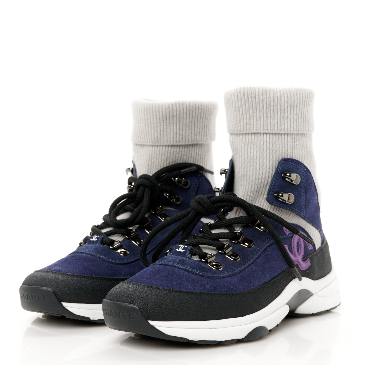 スニーカー NAVY SUEDE SNEAKERS CHANEL Suede Calfskin Knit CC Sneakers 38 Dark Blue Light