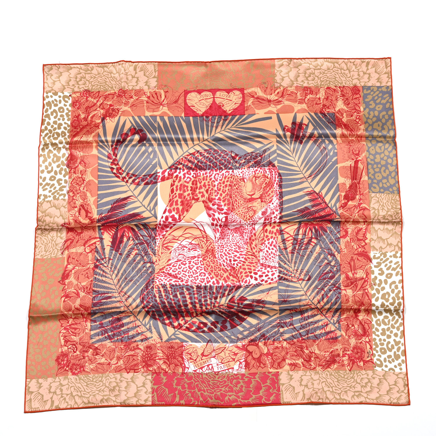 HERMES 新作 洗練スカーフ カレ70 シルク Jungle Love au Tampon HERMES Silk Jungle Love au Tampon Scarf 70 Beige Rose Rouge