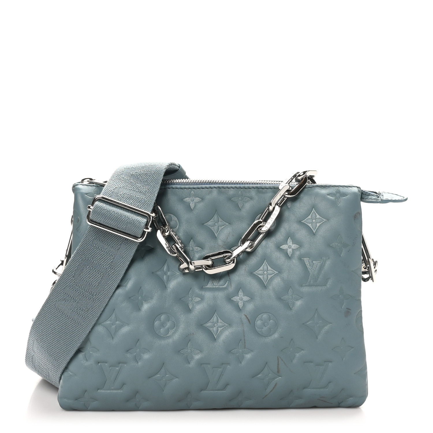 LOUIS VUITTON Lambskin Embossed Monogram Coussin PM Blue
